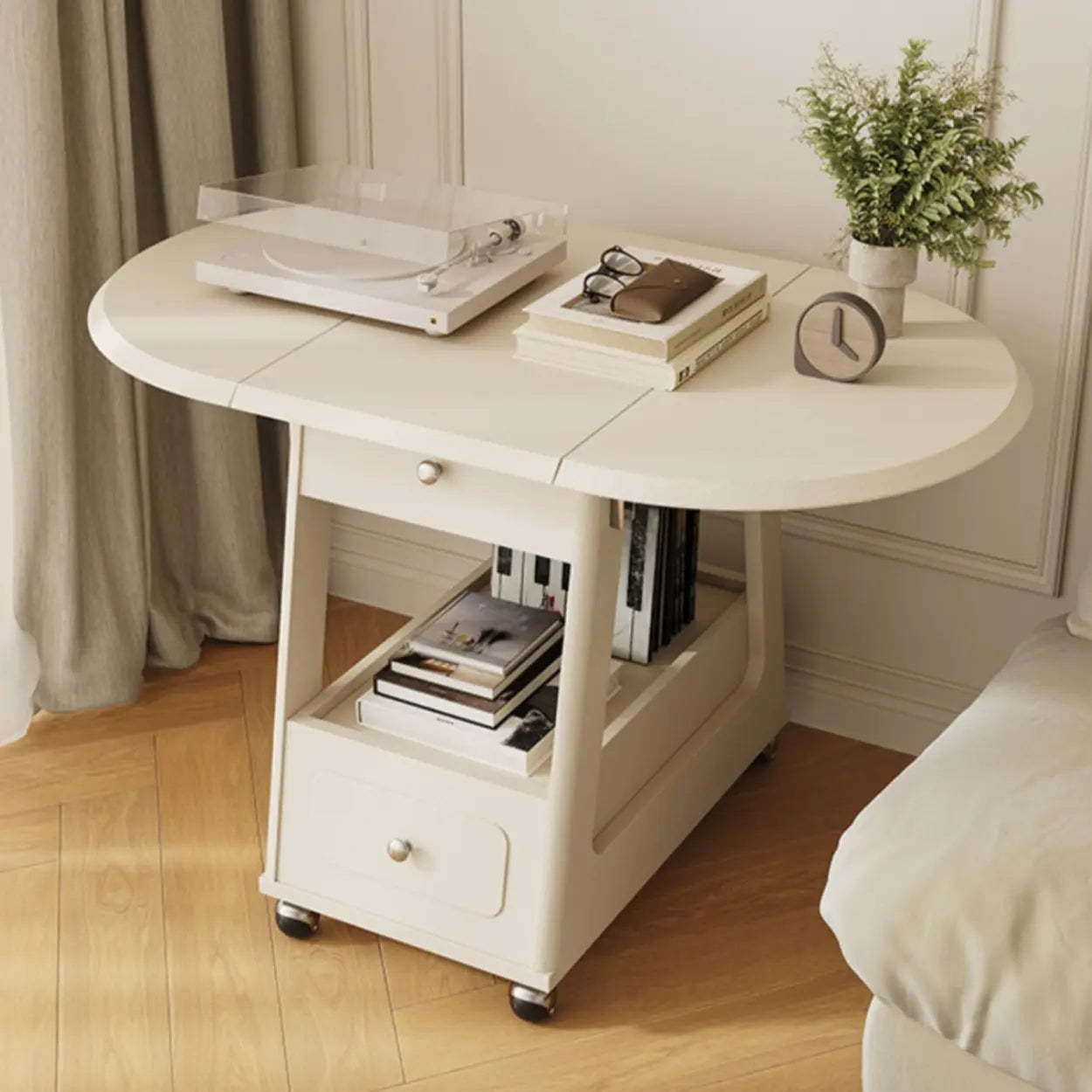 White Rectangle Foldable Rolling End Table