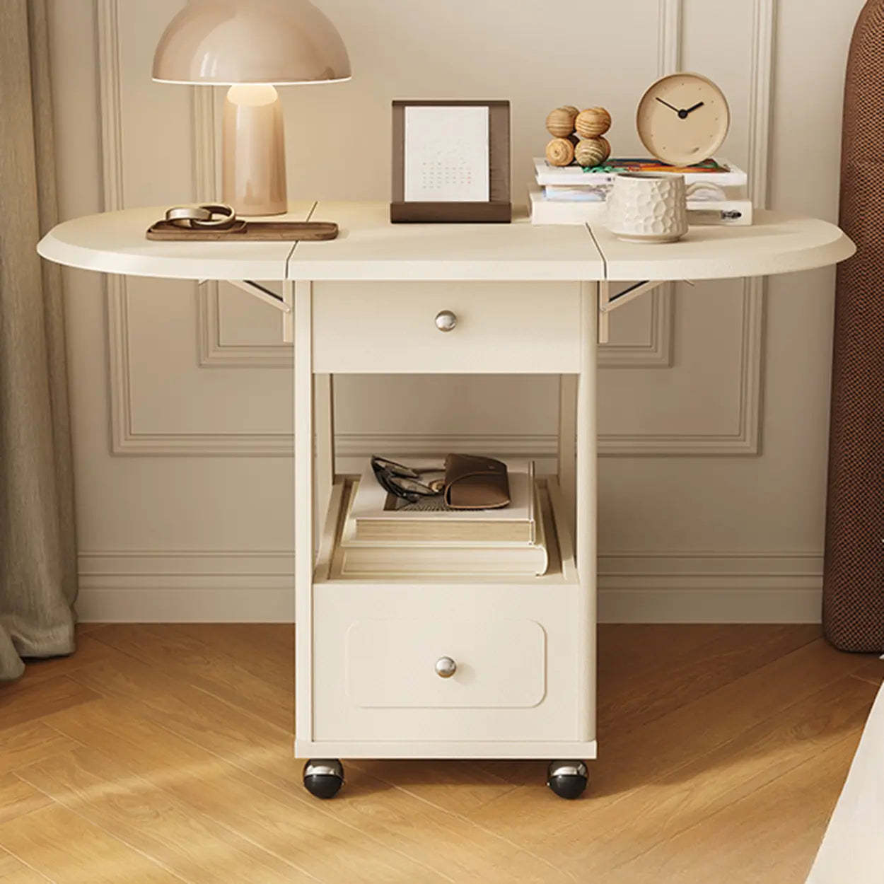 White Rectangle Foldable Rolling End Table