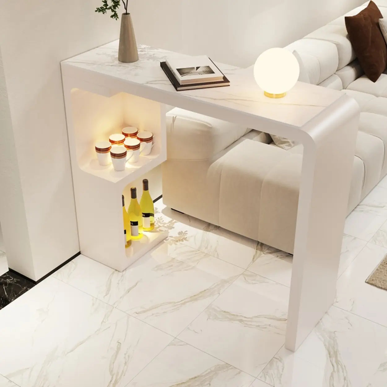 White Rectangle Marble Engineered Wood Console Bar Table