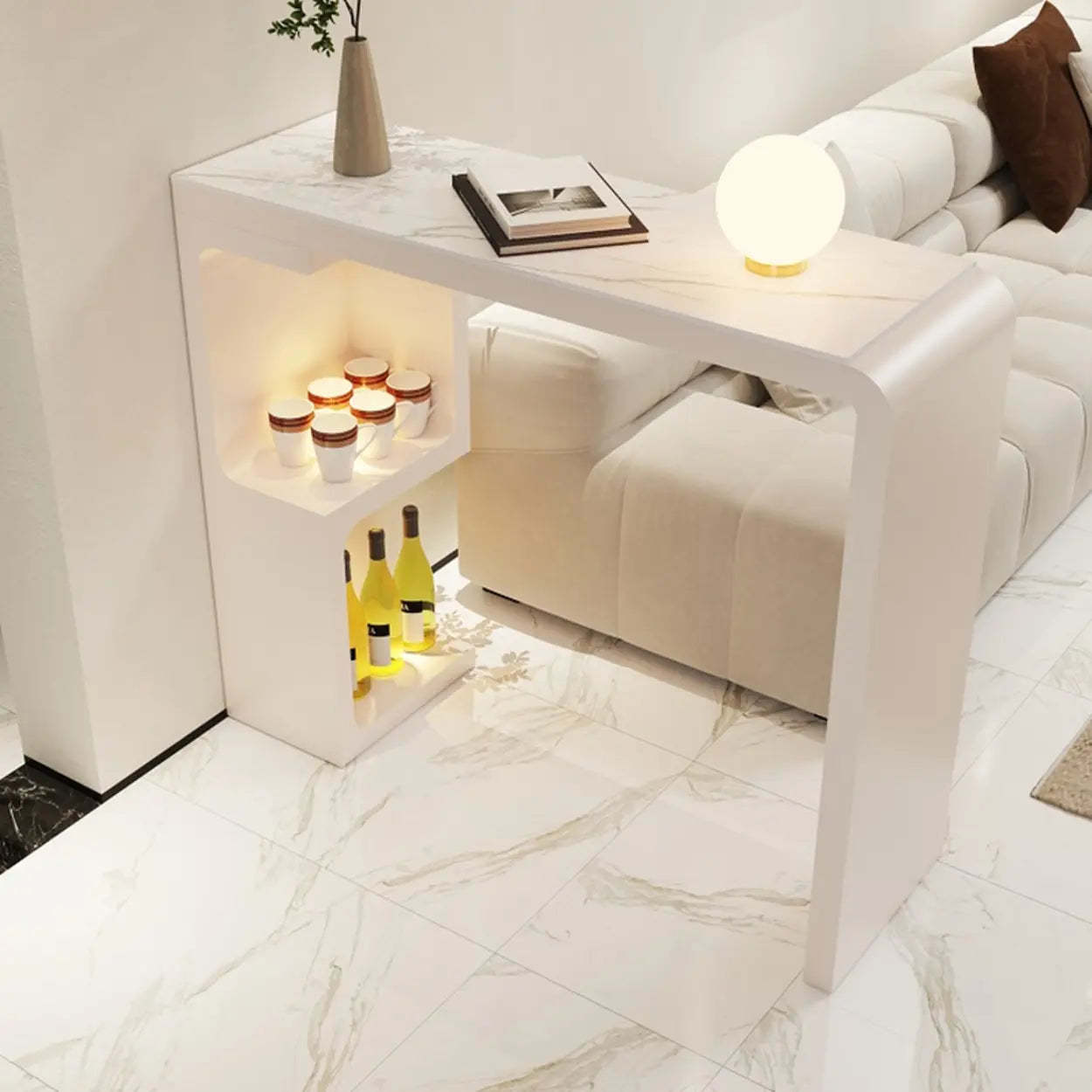 White Rectangle Marble Engineered Wood Console Bar Table — Black / Table Only
