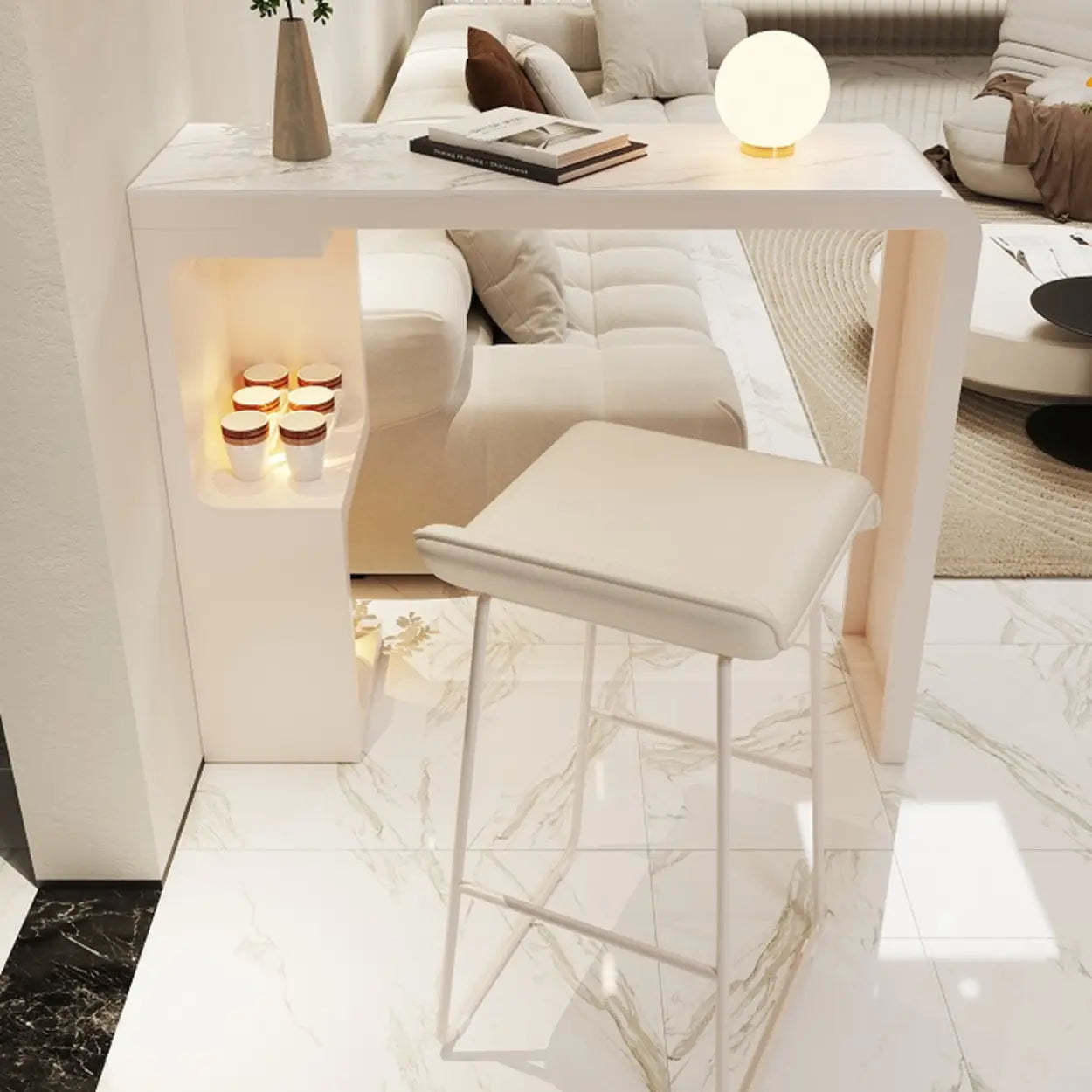 White Rectangle Marble Engineered Wood Console Bar Table — White / Table Only