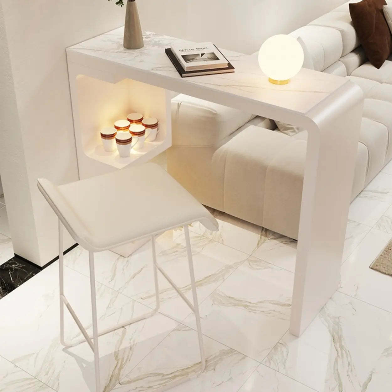 White Rectangle Marble Engineered Wood Console Bar Table — Black / Table Only