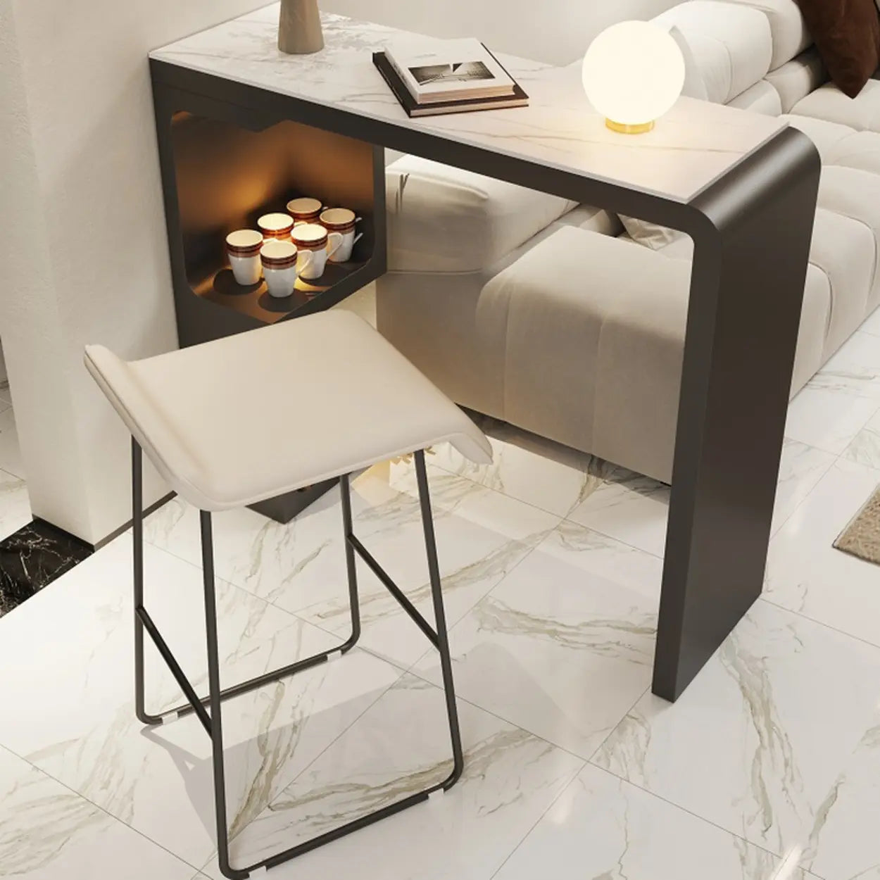White Rectangle Marble Engineered Wood Console Bar Table — White / Table Only