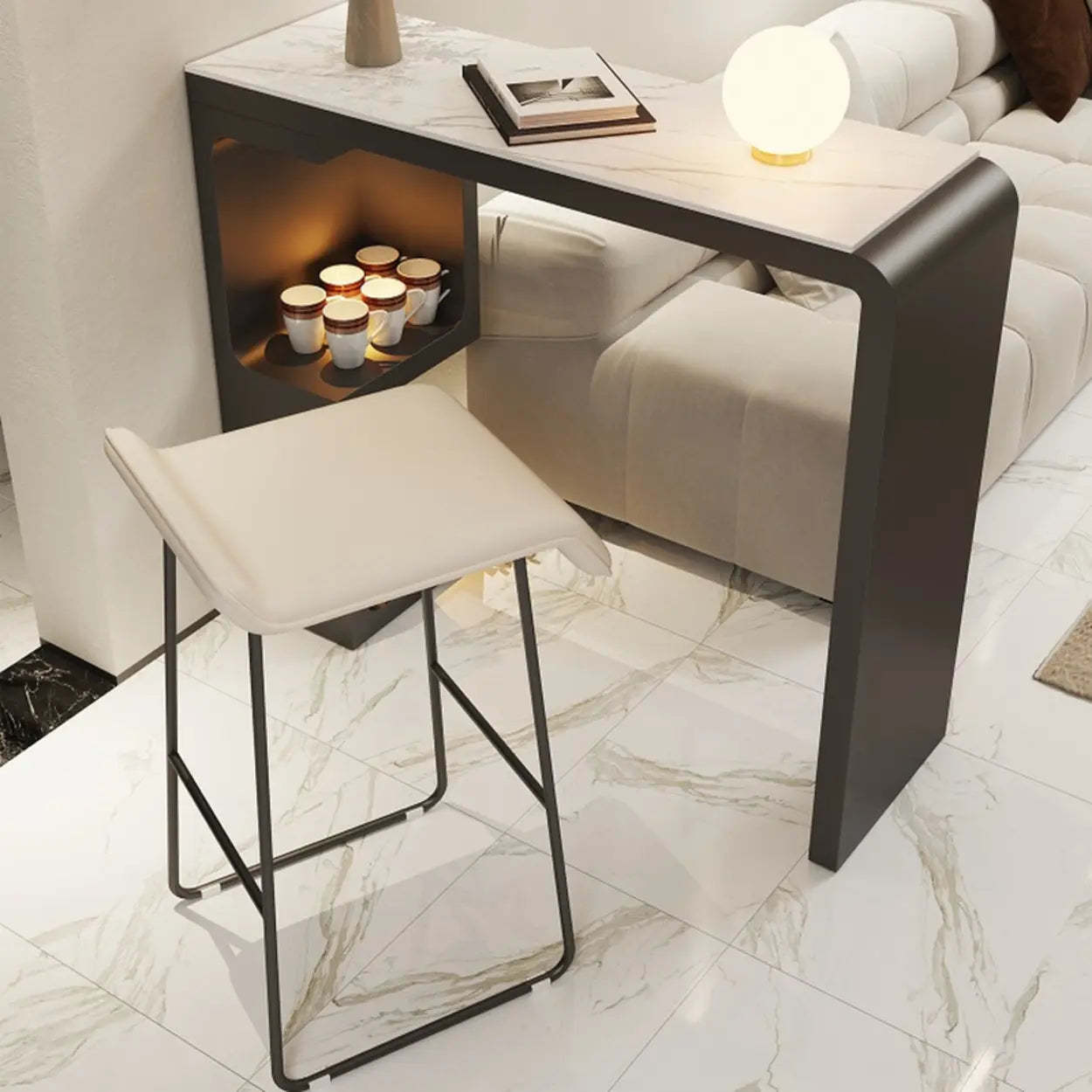 White Rectangle Marble Engineered Wood Console Bar Table — White / Table Only