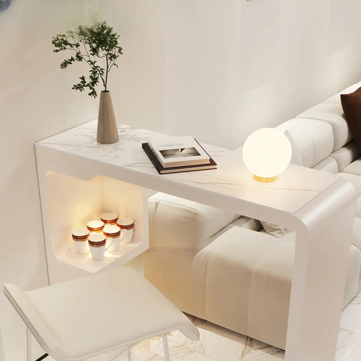 White Rectangle Marble Engineered Wood Console Bar Table — White / Table Only