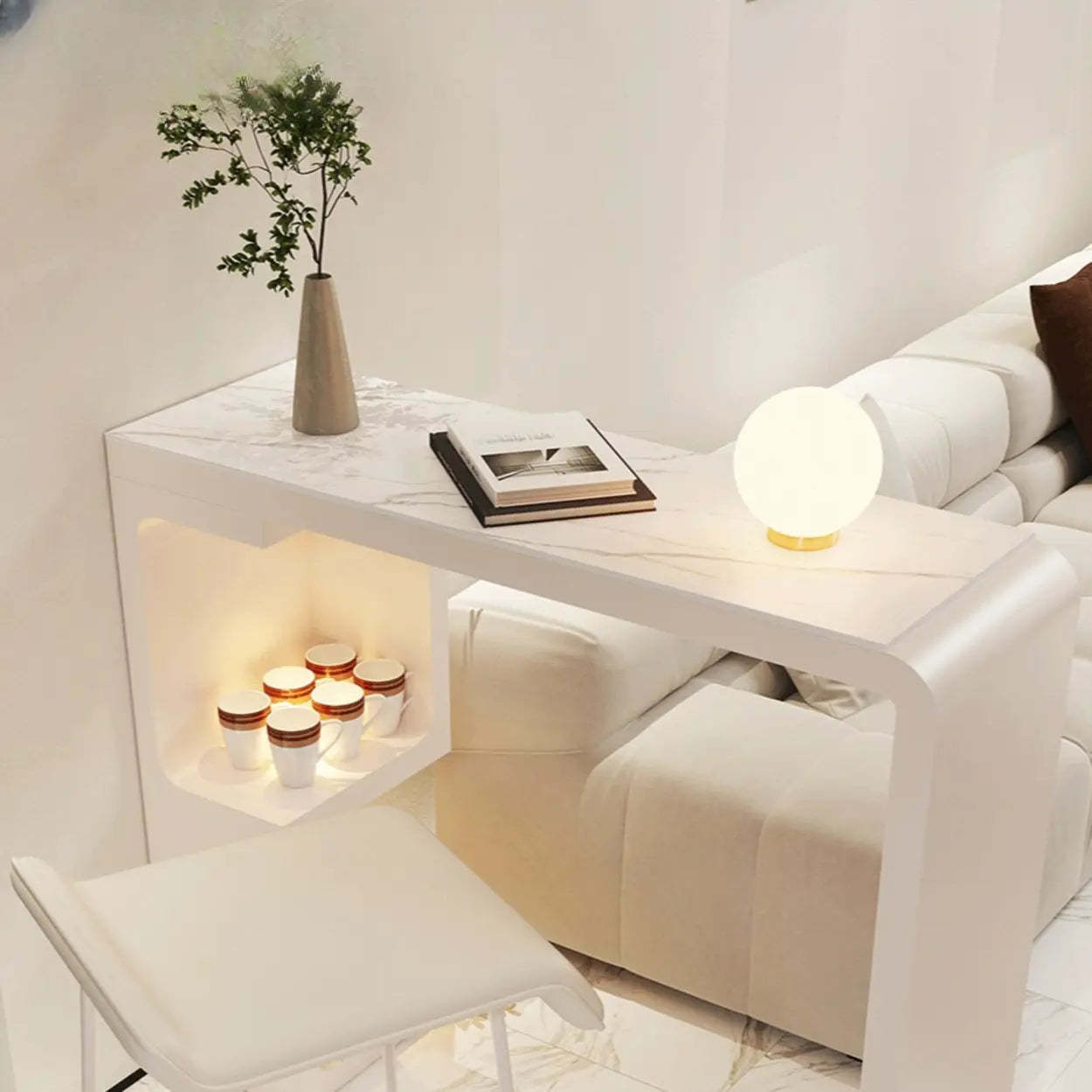 White Rectangle Marble Engineered Wood Console Bar Table — White / Table Only