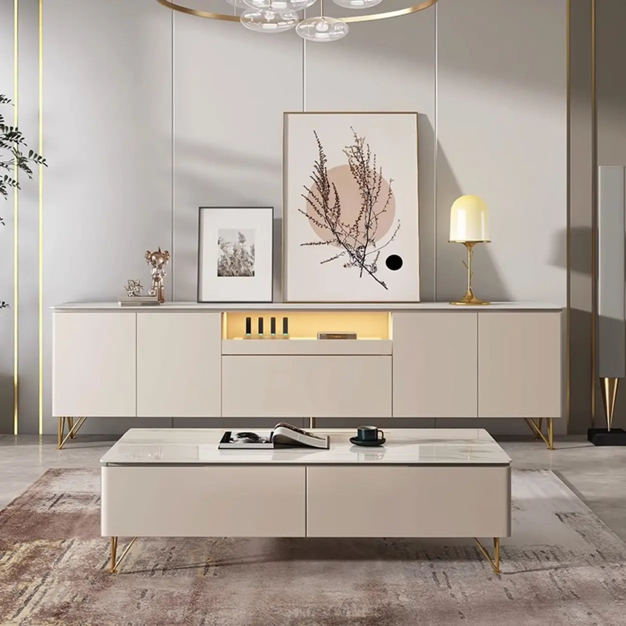 White Rectangular Open Storage Stone TV Stand