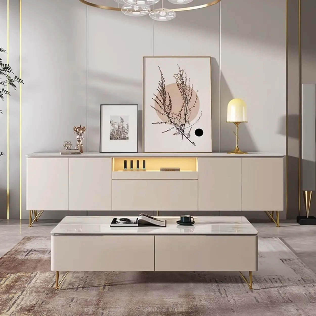 White Rectangular Open Storage Stone TV Stand