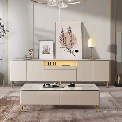 White Rectangular Open Storage Stone TV Stand