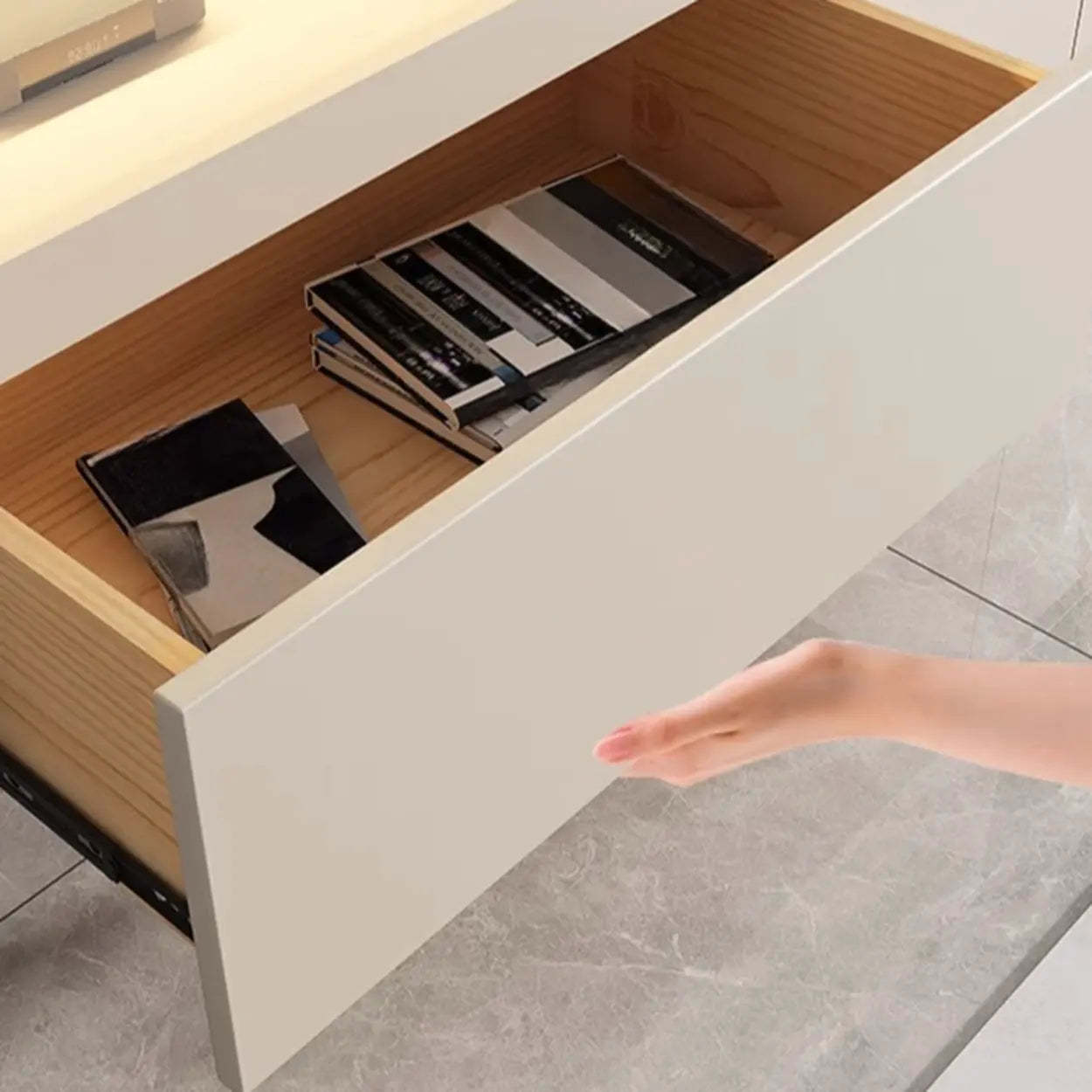 White Rectangular Open Storage Stone TV Stand