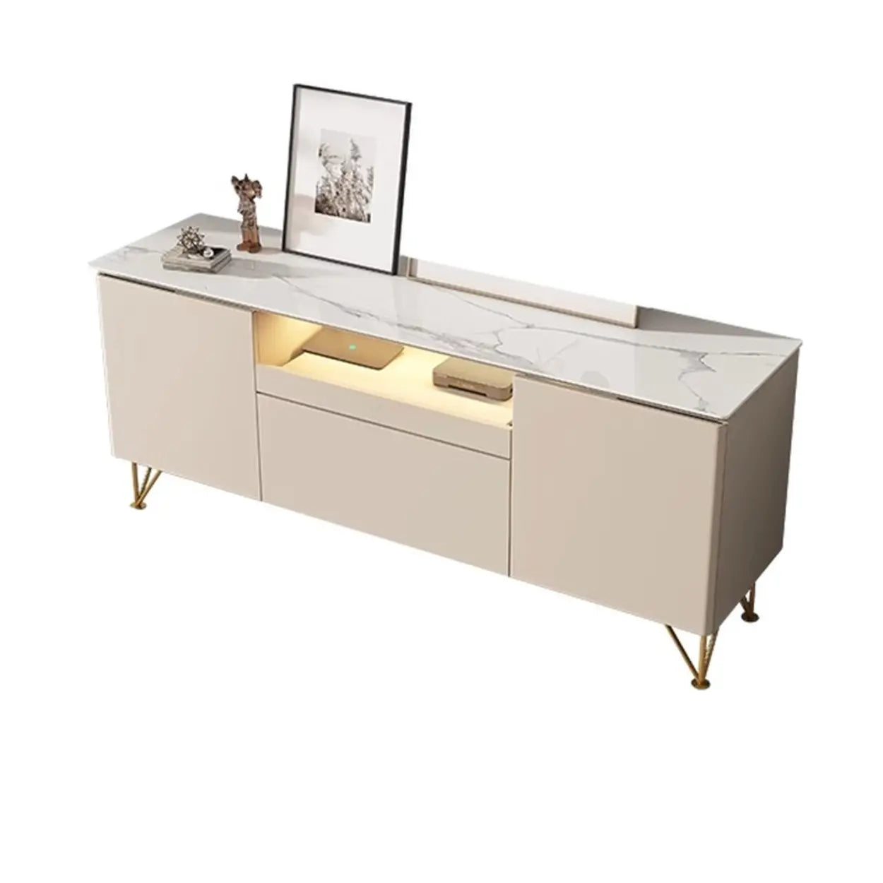 White Rectangular Open Storage Stone TV Stand