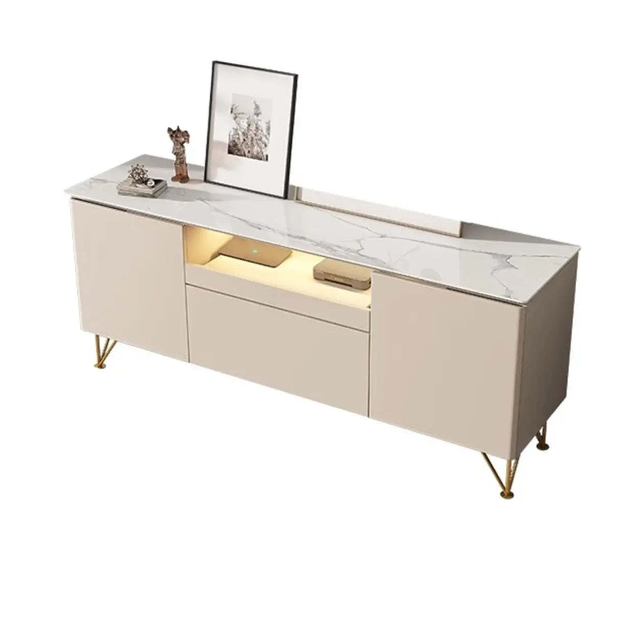 White Rectangular Open Storage Stone TV Stand