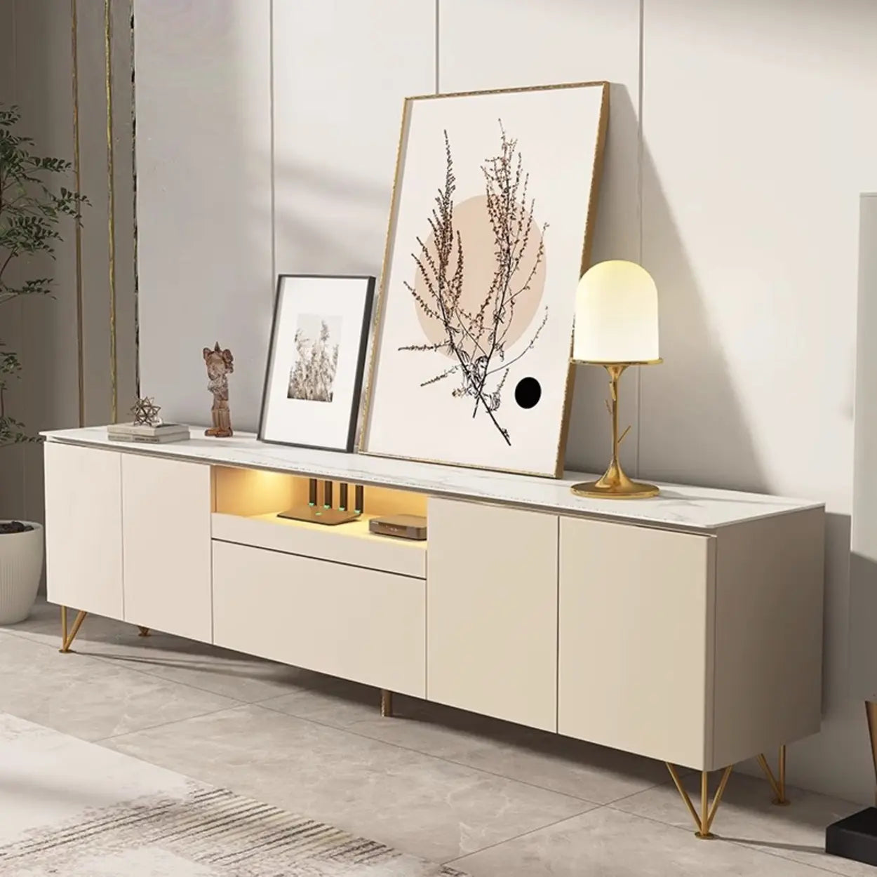 White Rectangular Open Storage Stone TV Stand