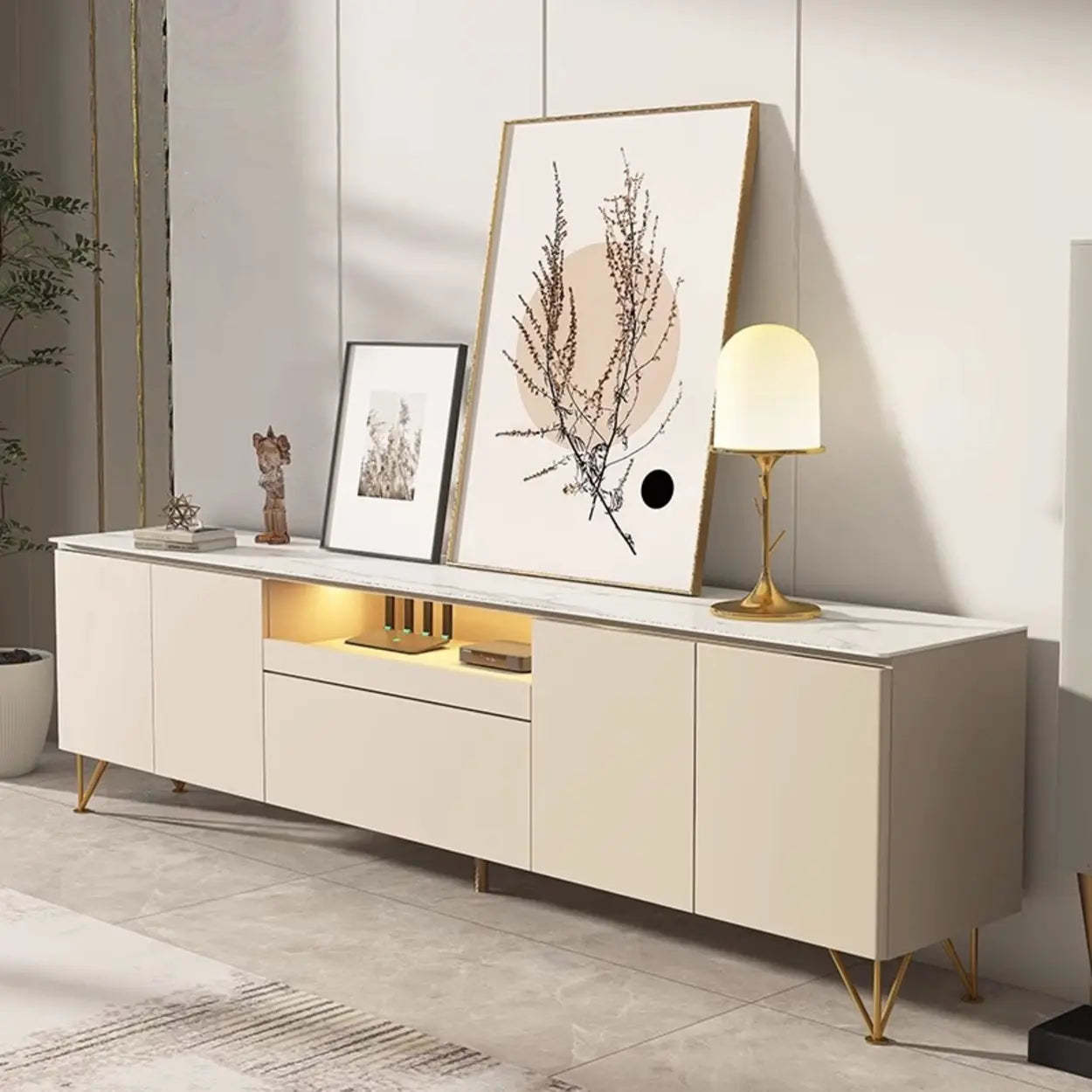 White Rectangular Open Storage Stone TV Stand