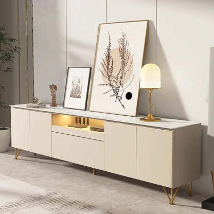White Rectangular Open Storage Stone TV Stand