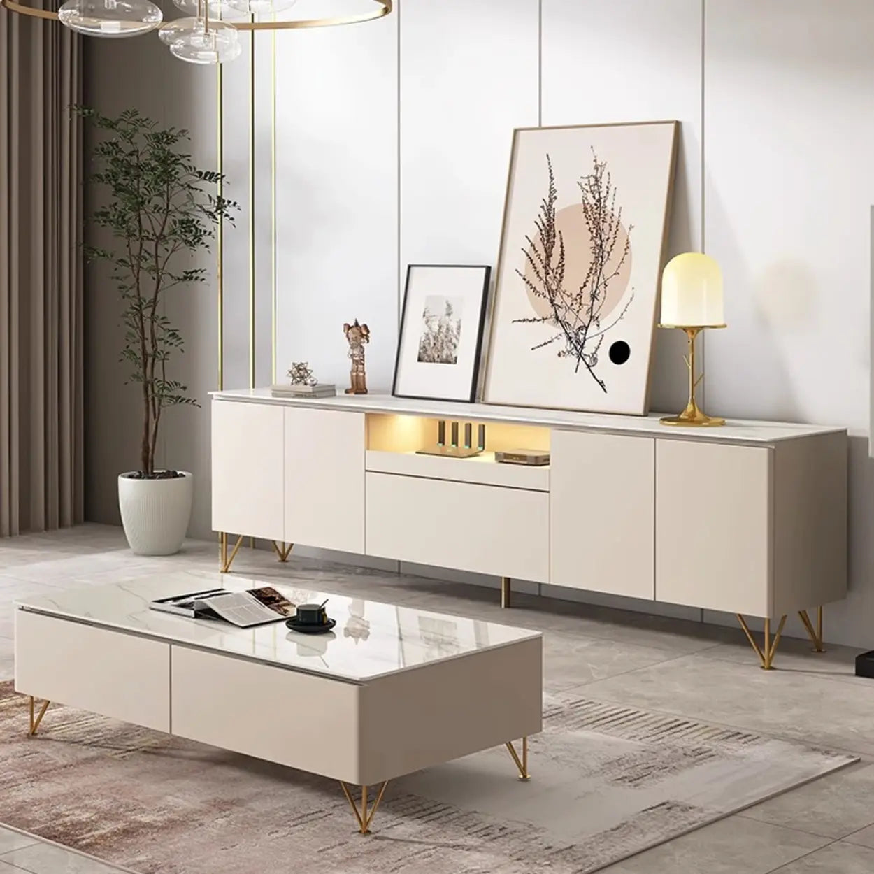 White Rectangular Open Storage Stone TV Stand