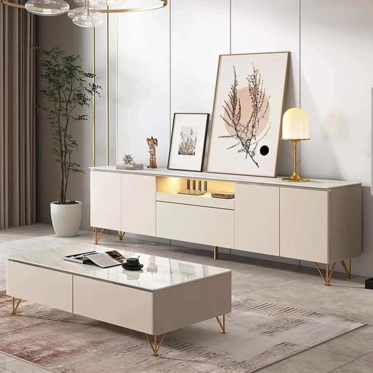 White Rectangular Open Storage Stone TV Stand
