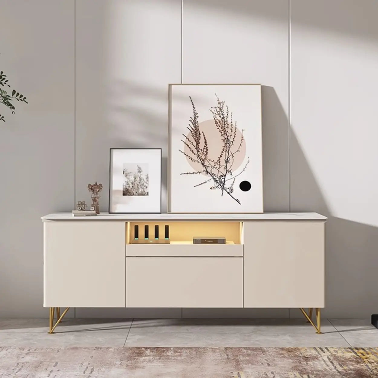 White Rectangular Open Storage Stone TV Stand