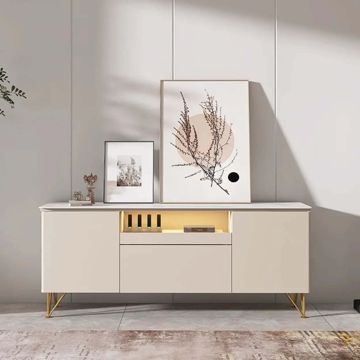 White Rectangular Open Storage Stone TV Stand