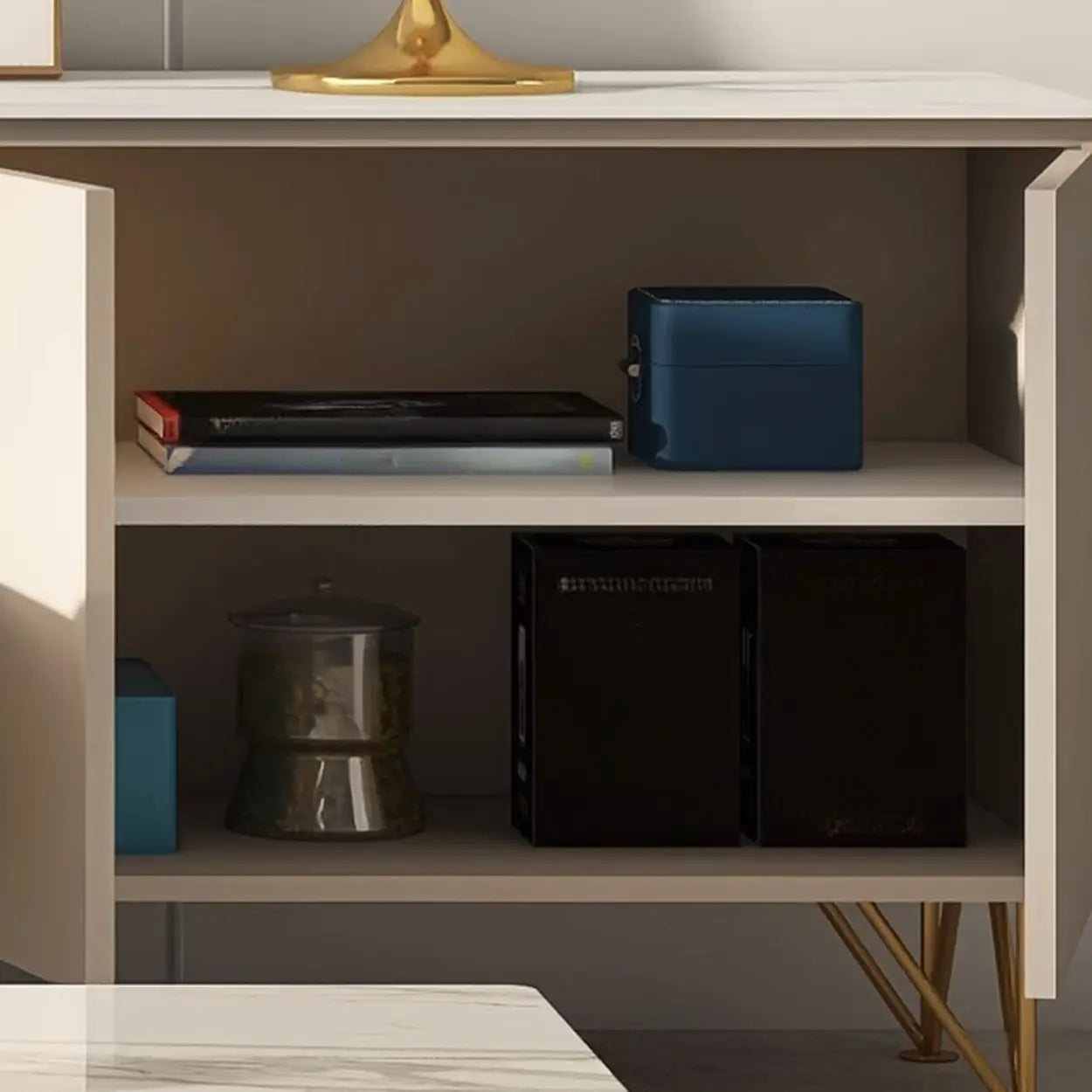 White Rectangular Open Storage Stone TV Stand