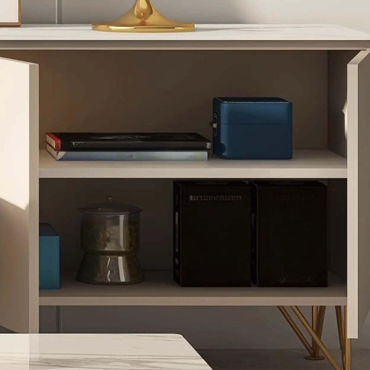 White Rectangular Open Storage Stone TV Stand