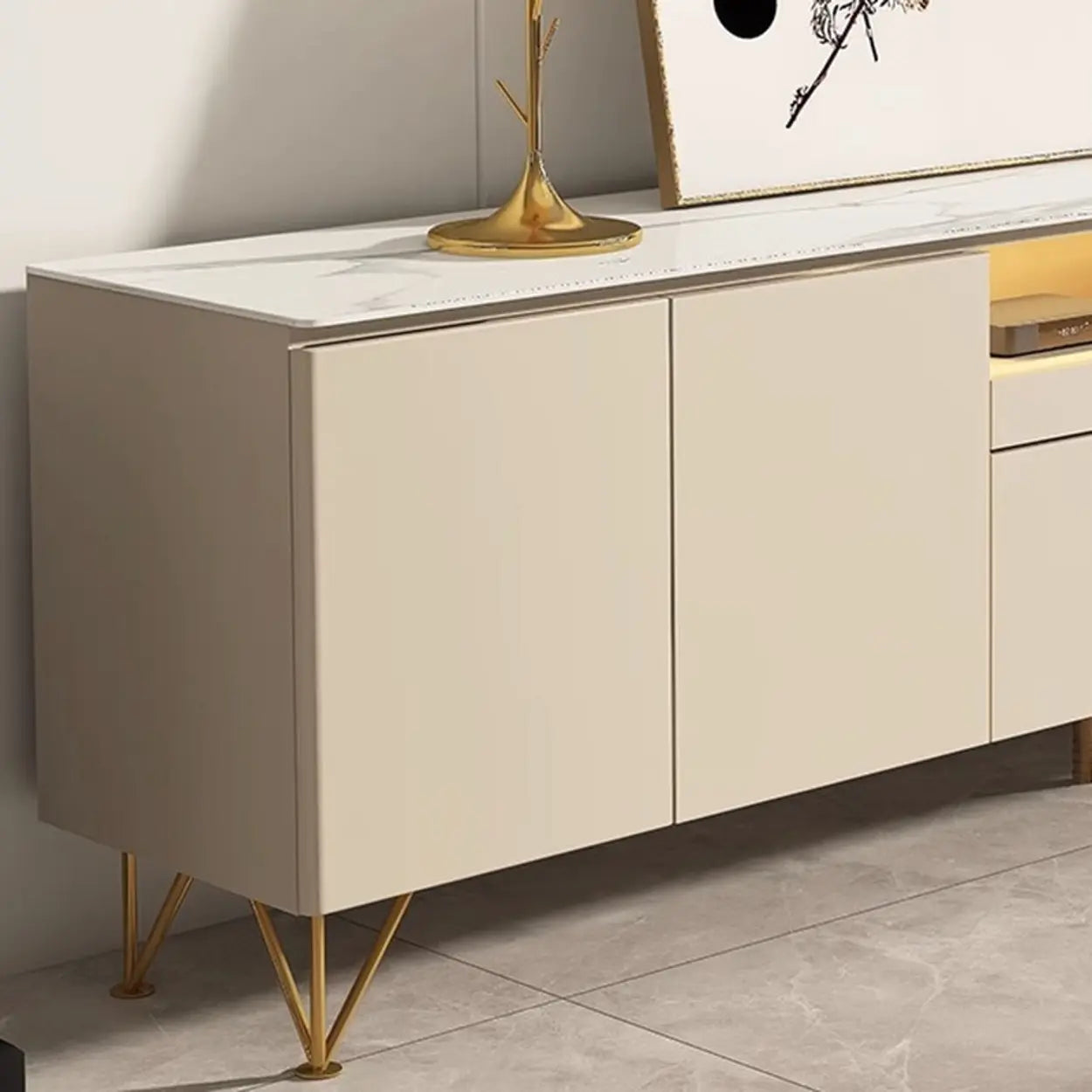 White Rectangular Open Storage Stone TV Stand