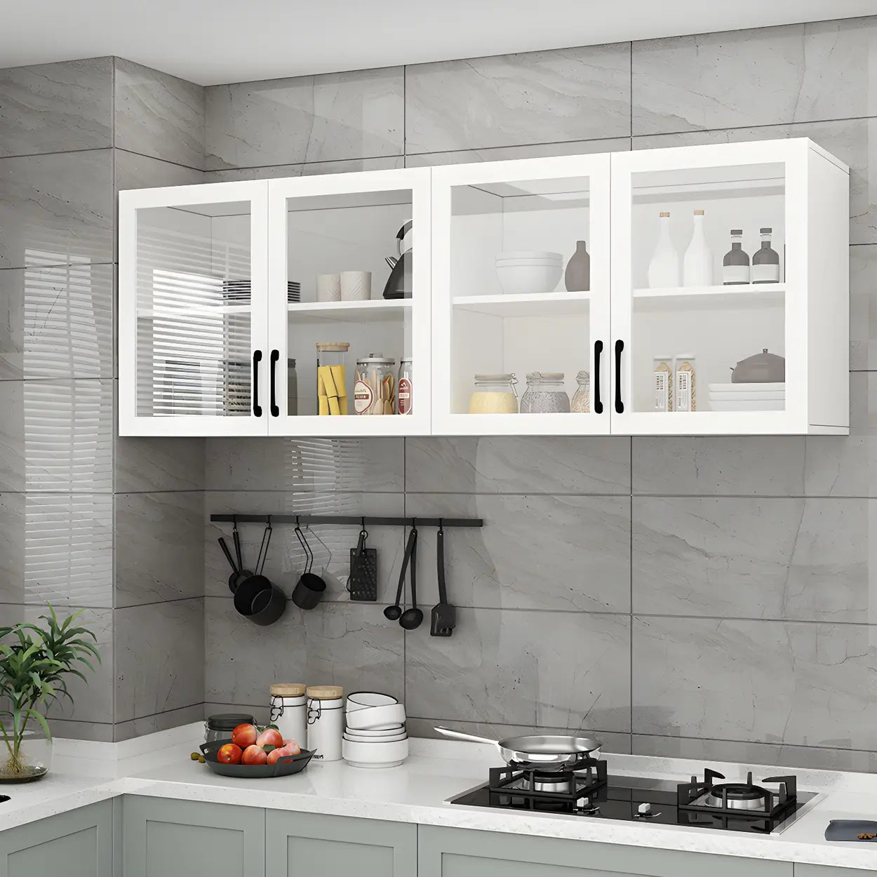 White Rectangular Wall-Mount Kitchen China Cabinet