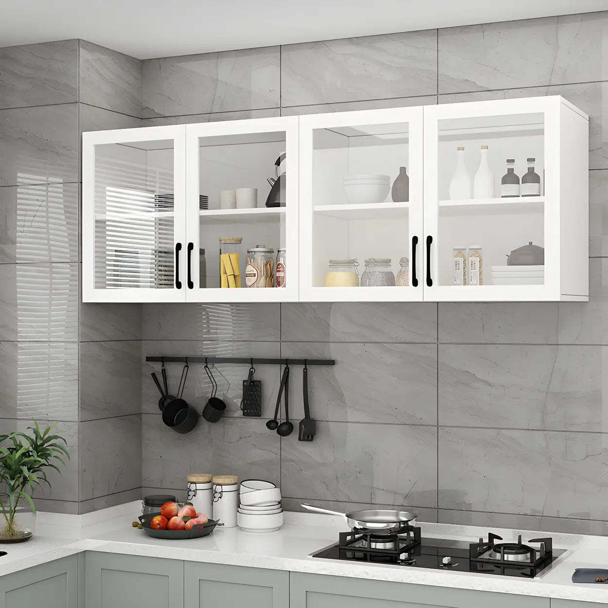 White Rectangular Wall-Mount Kitchen China Cabinet