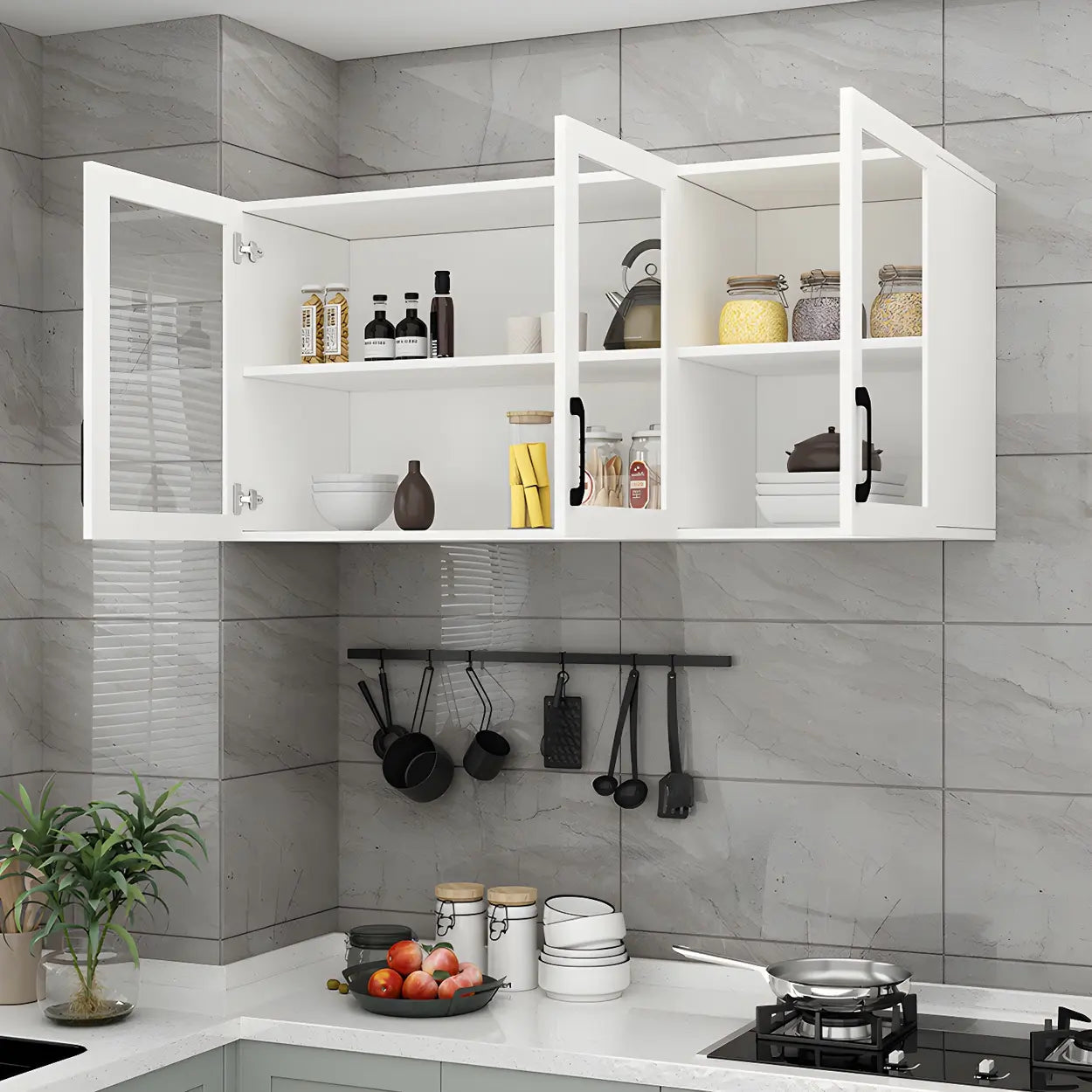 White Rectangular Wall-Mount Kitchen China Cabinet