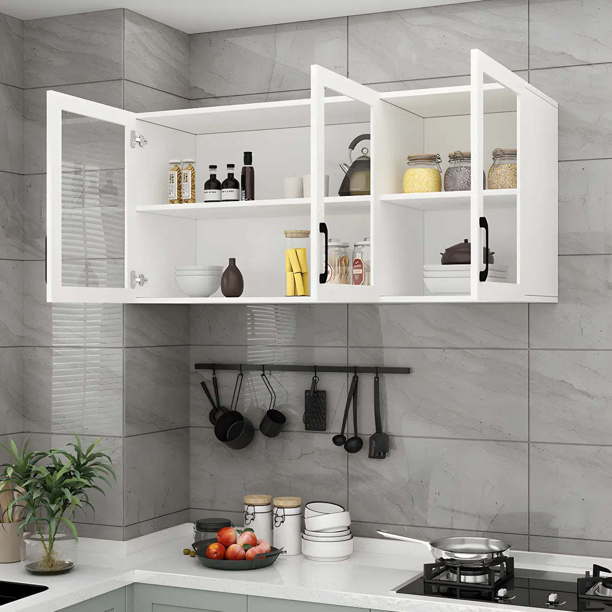 White Rectangular Wall-Mount Kitchen China Cabinet