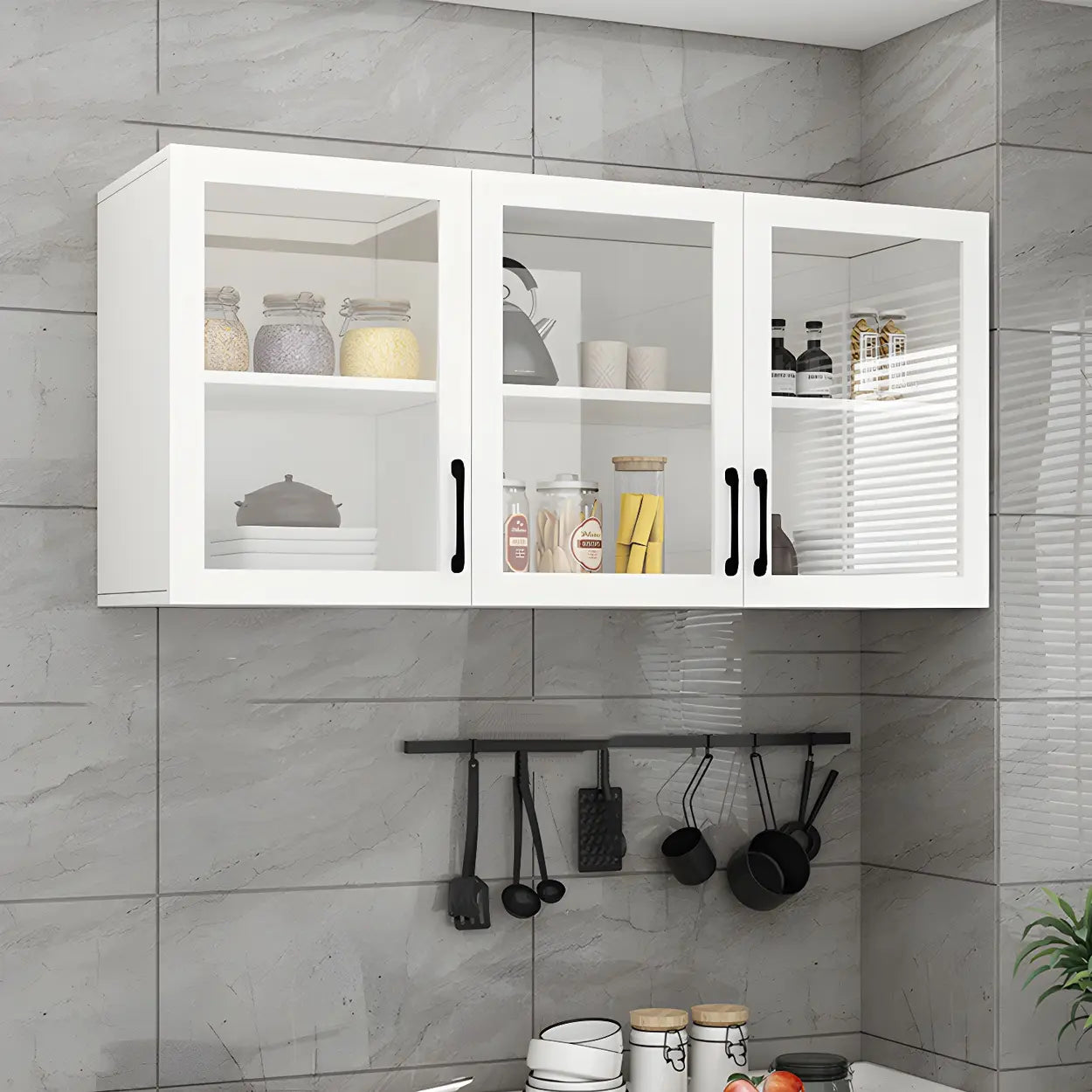 White Rectangular Wall-Mount Kitchen China Cabinet
