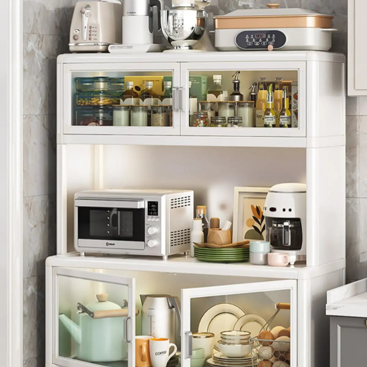 White Metal Kitchen China Cabinet — White