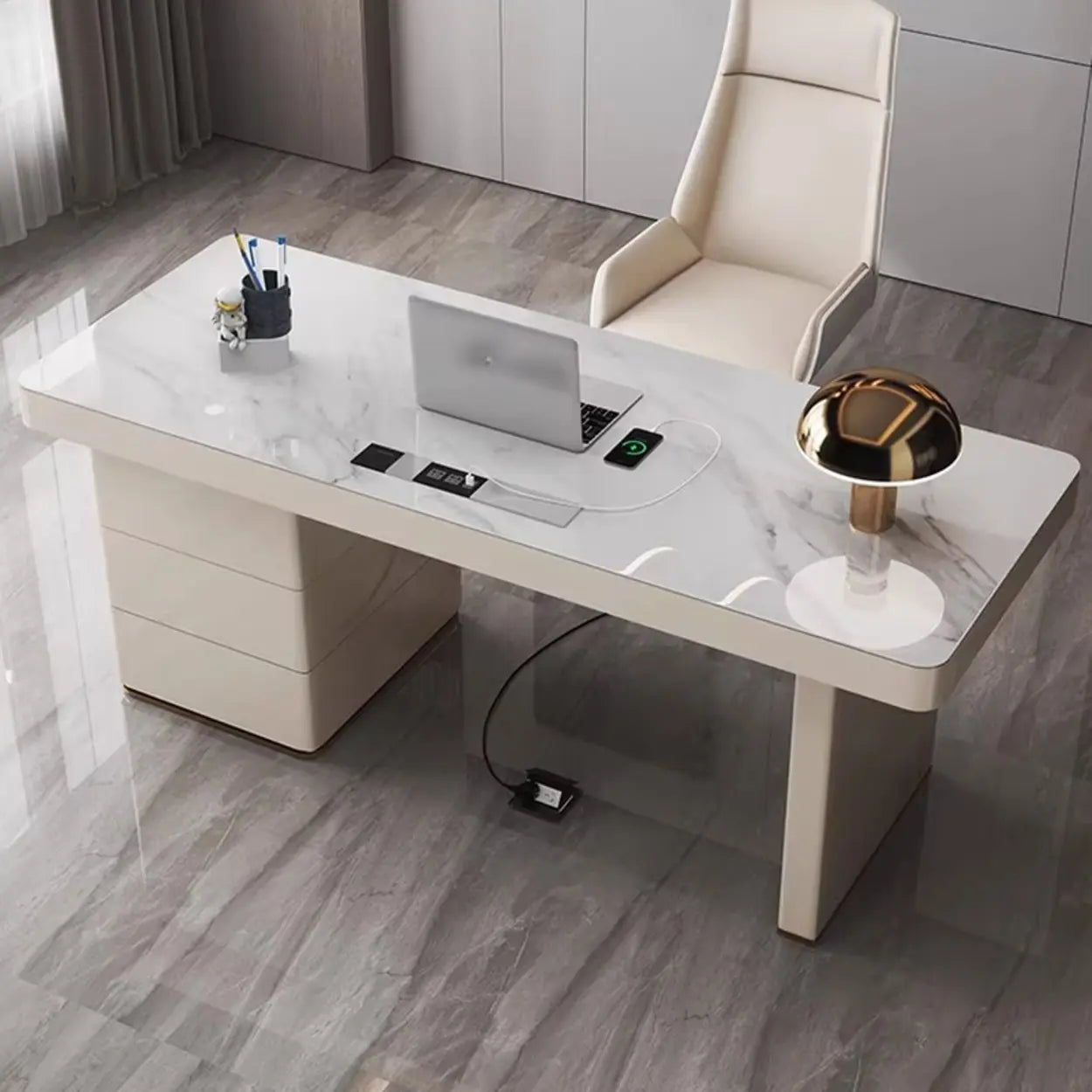 White Rectangular Stone Writing Desk — Drawers / Table Only
