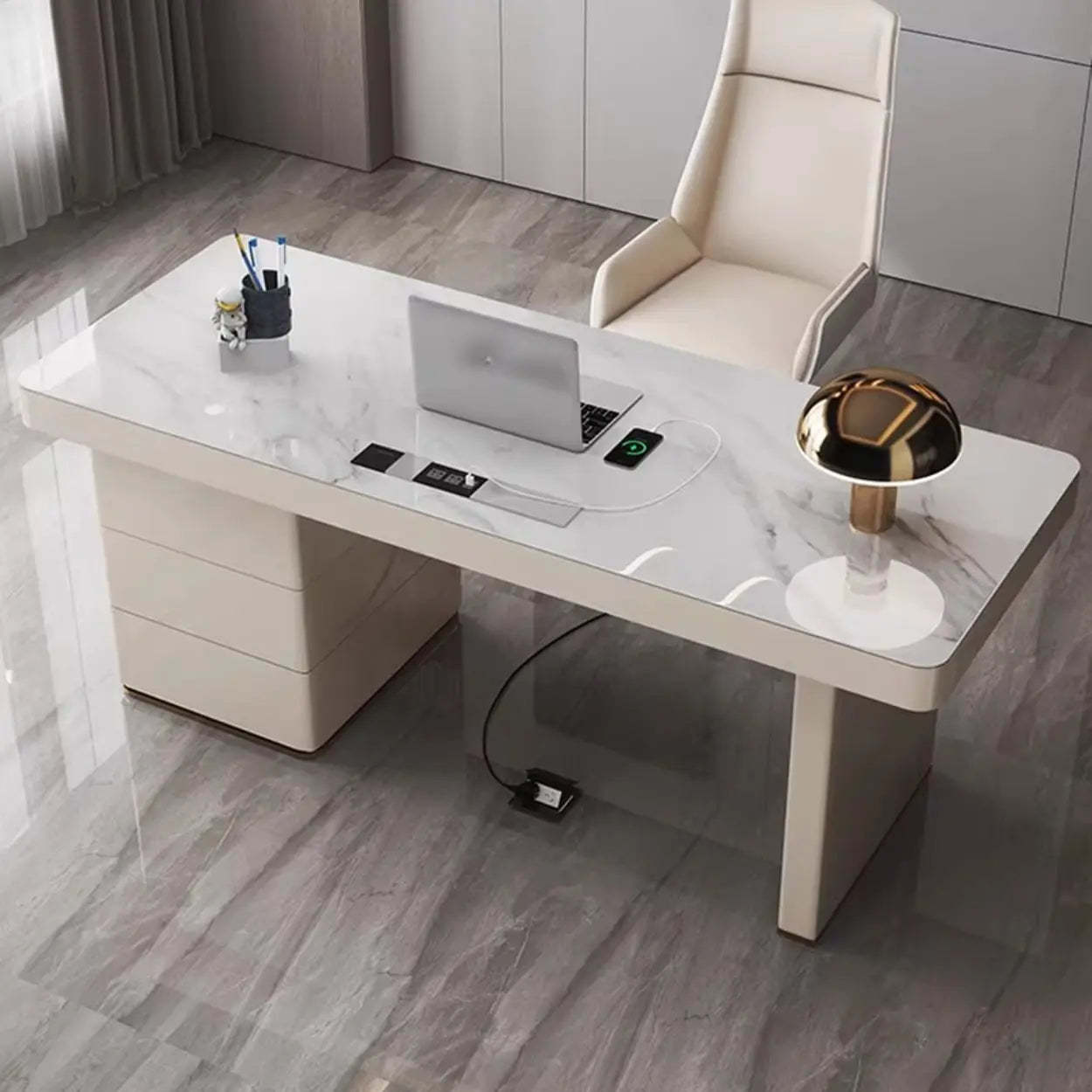 White Rectangular Stone Writing Desk — Drawers / Table Only