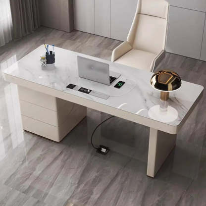 White Rectangular Stone Writing Desk — Drawers / Table Only