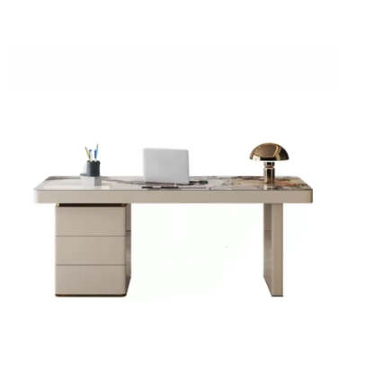 White Rectangular Stone Writing Desk — Without Drawers / Table Only