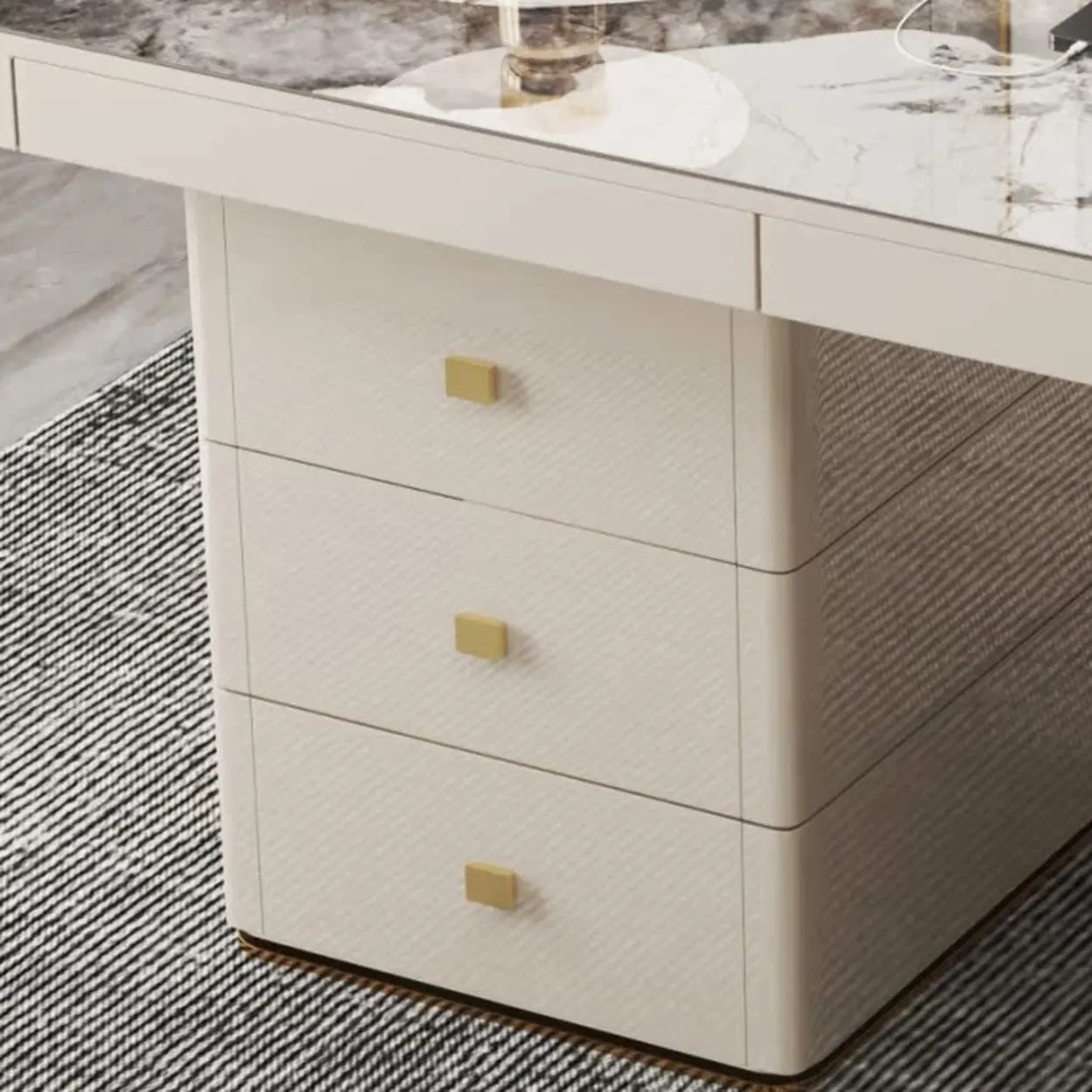 White Rectangular Stone Writing Desk — Drawers / Table Only