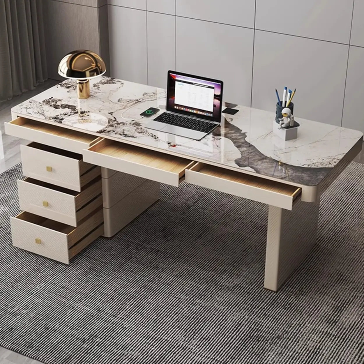 White Rectangular Stone Writing Desk — Drawers / Table Only