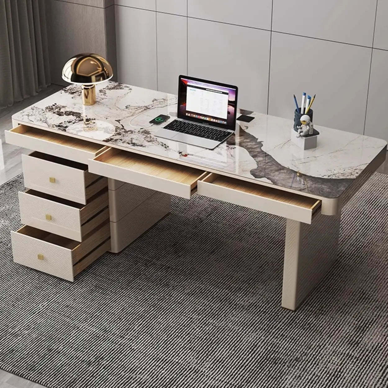 White Rectangular Stone Writing Desk — Drawers / Table Only