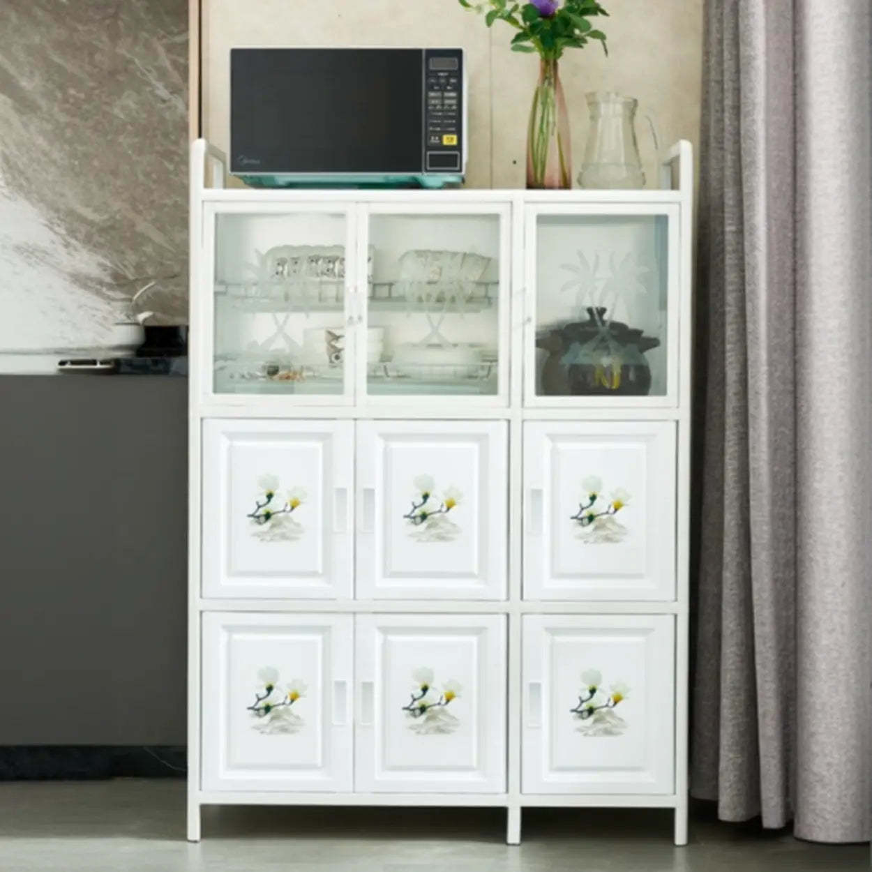 White Steel Rectangular Kitchen China Cabinet — White