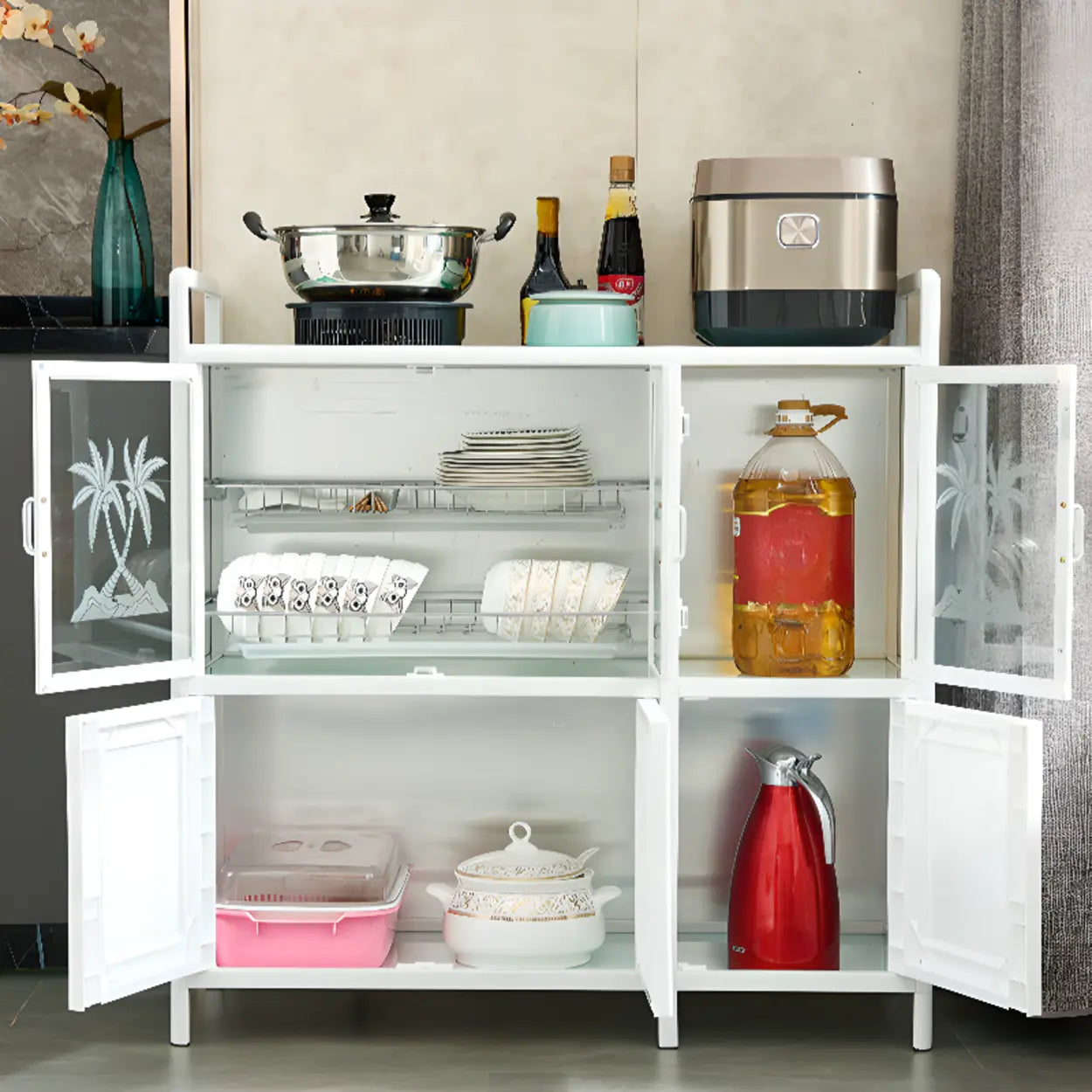 White Steel Rectangular Kitchen China Cabinet
