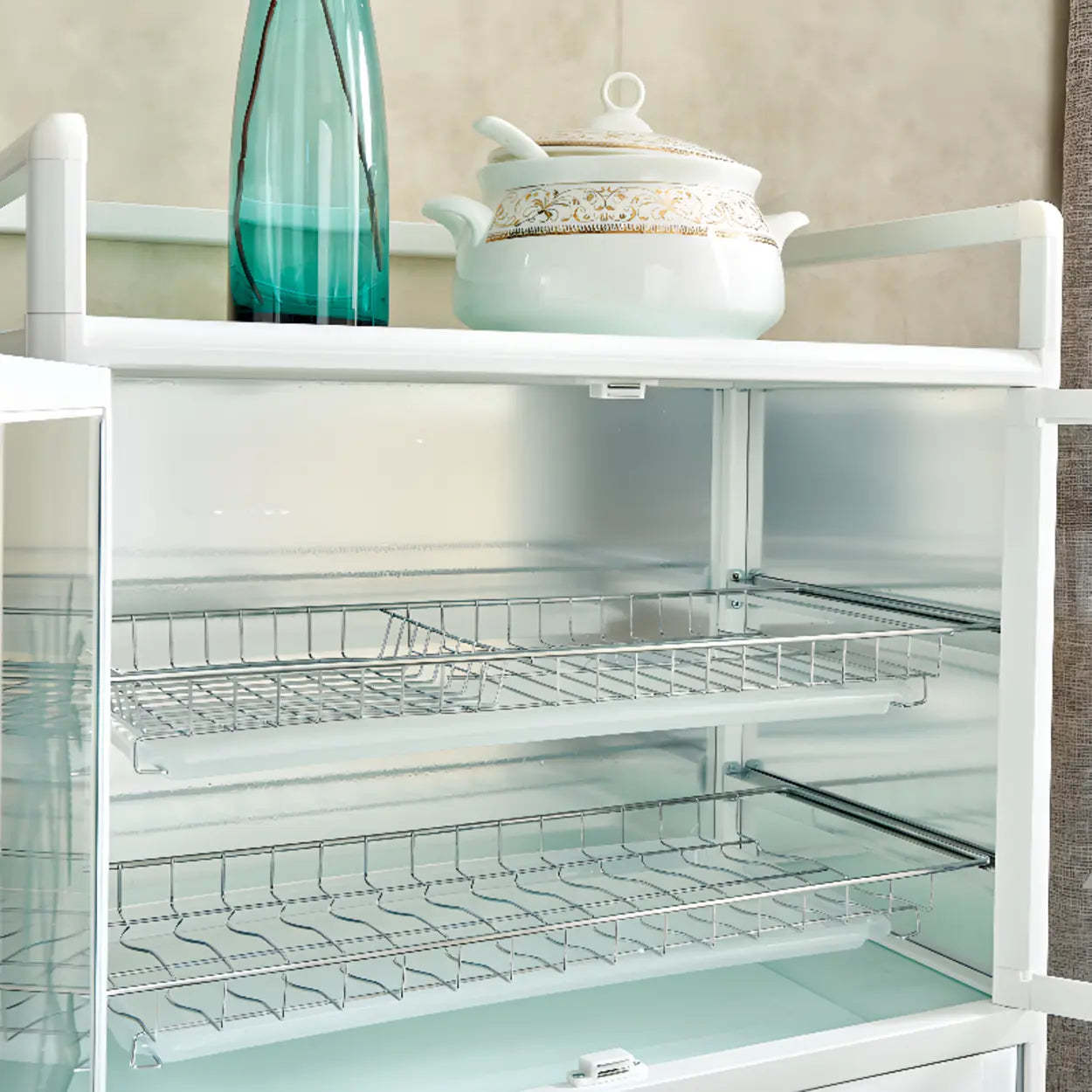 White Steel Rectangular Kitchen China Cabinet