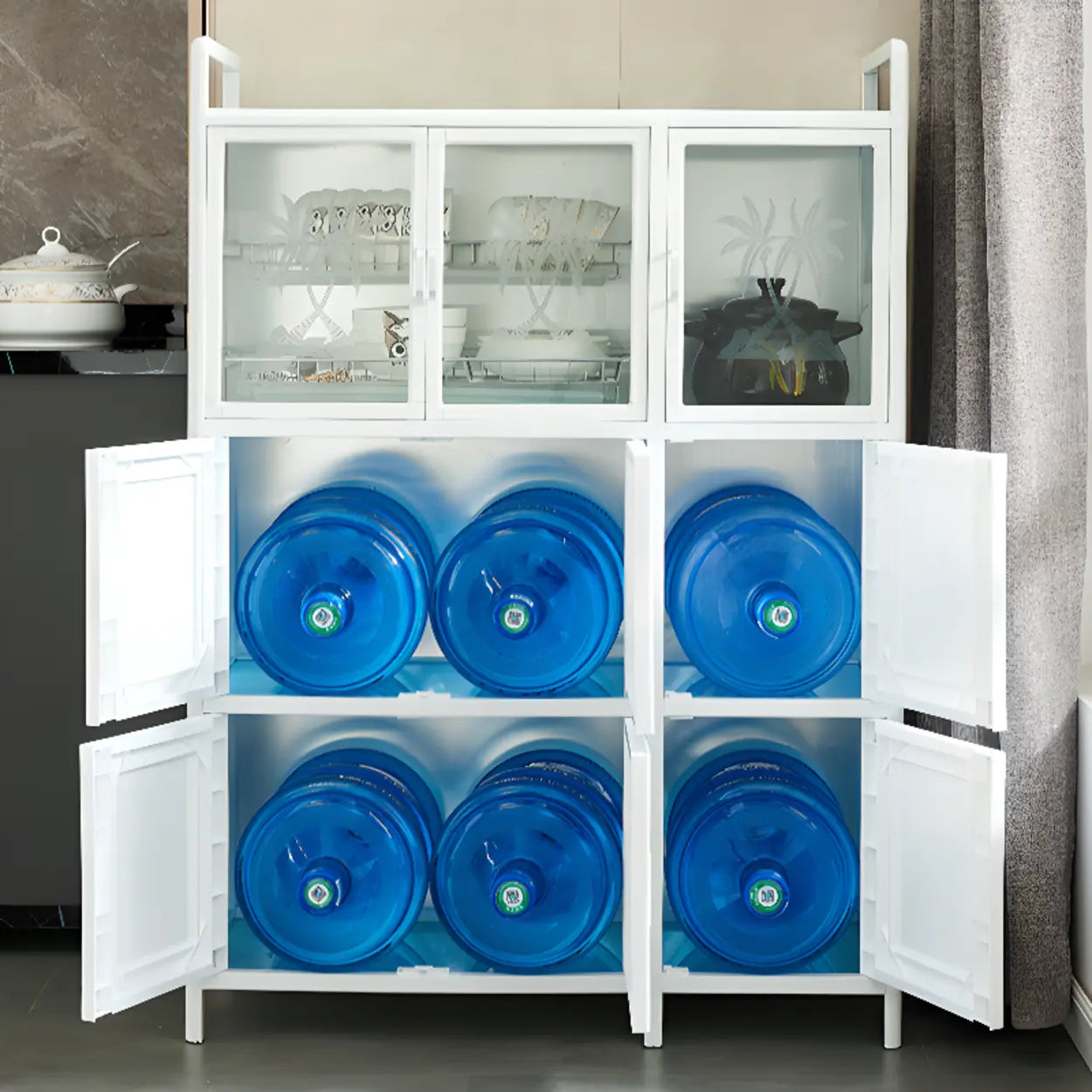 White Steel Rectangular Kitchen China Cabinet