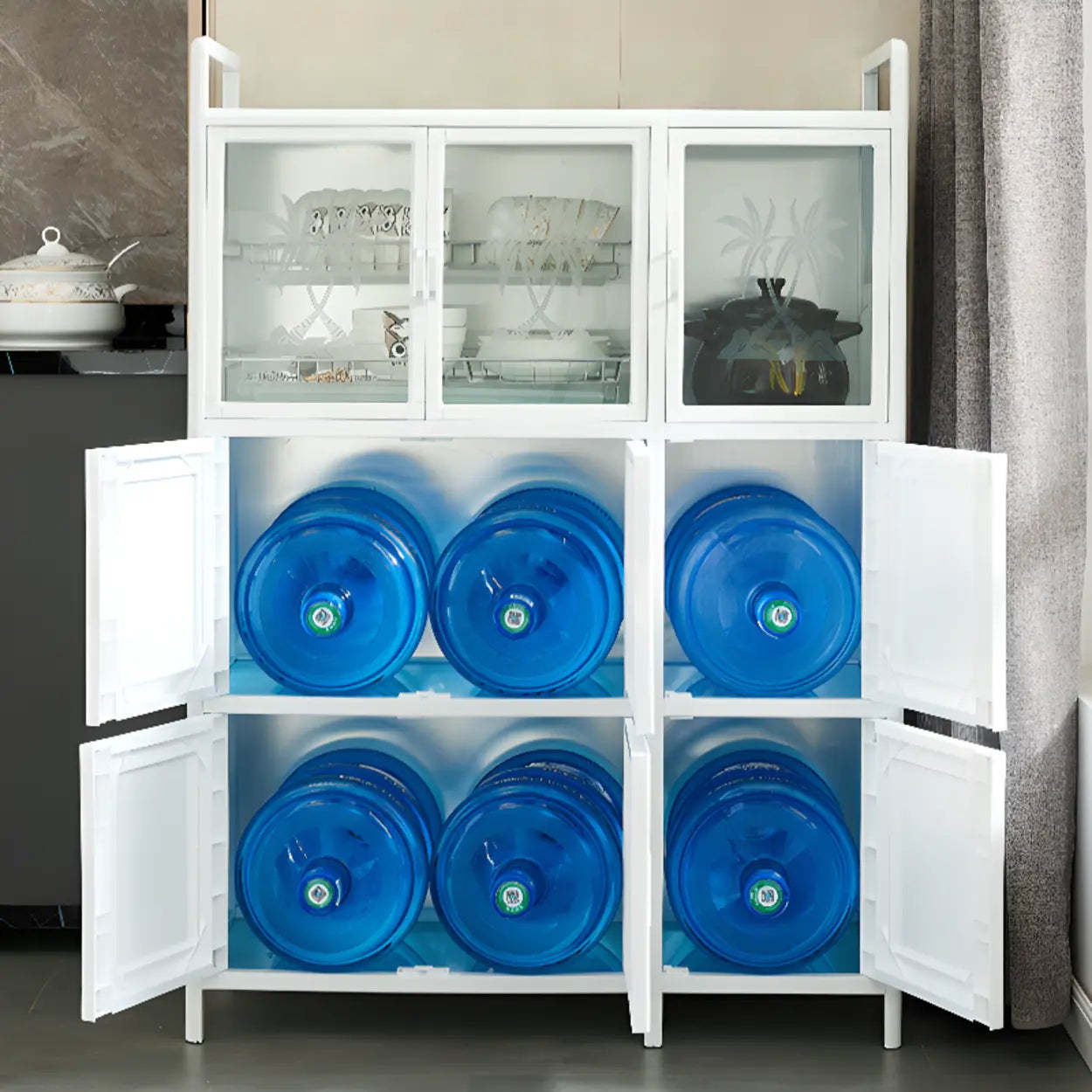 White Steel Rectangular Kitchen China Cabinet
