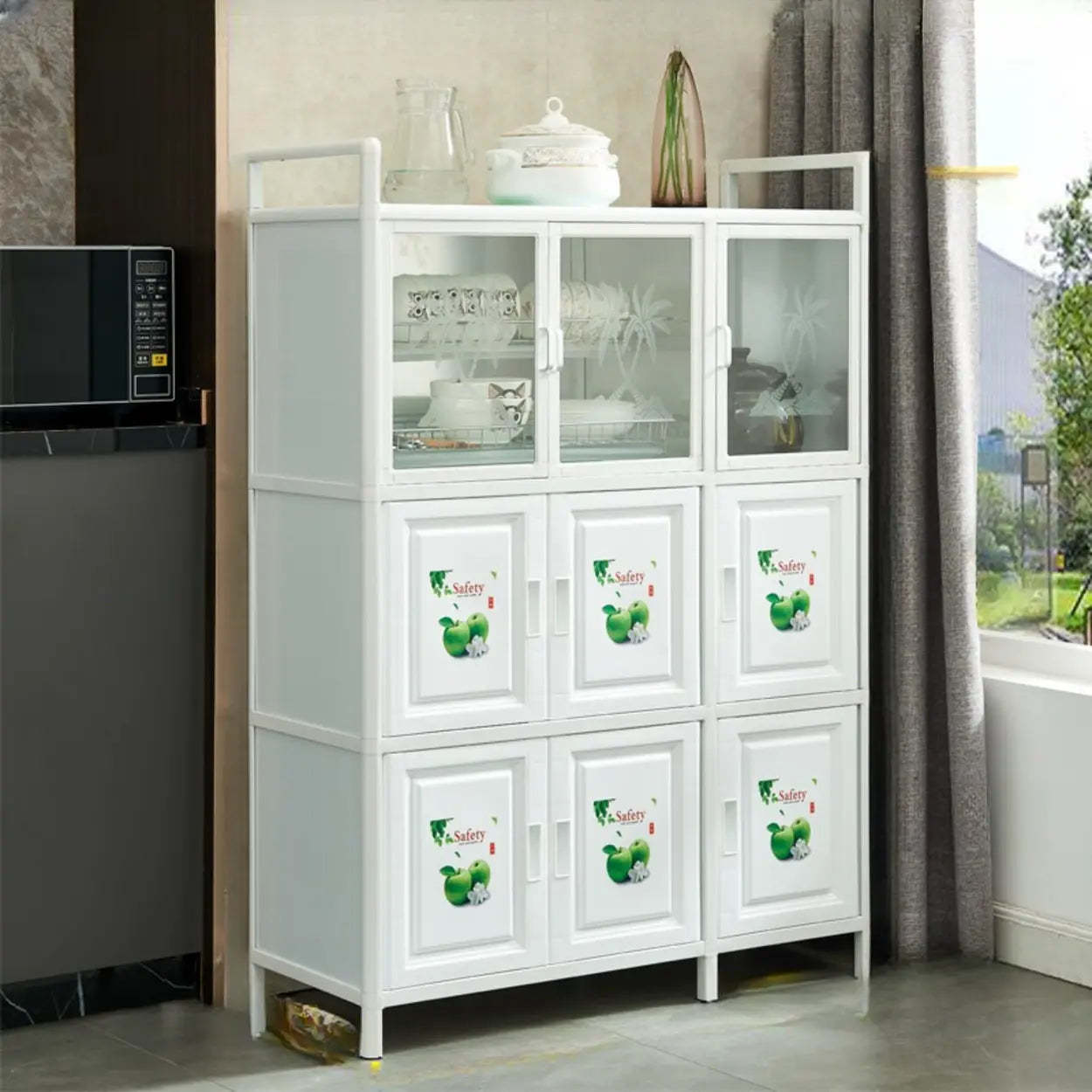 White Steel Rectangular Kitchen China Cabinet — White-Green