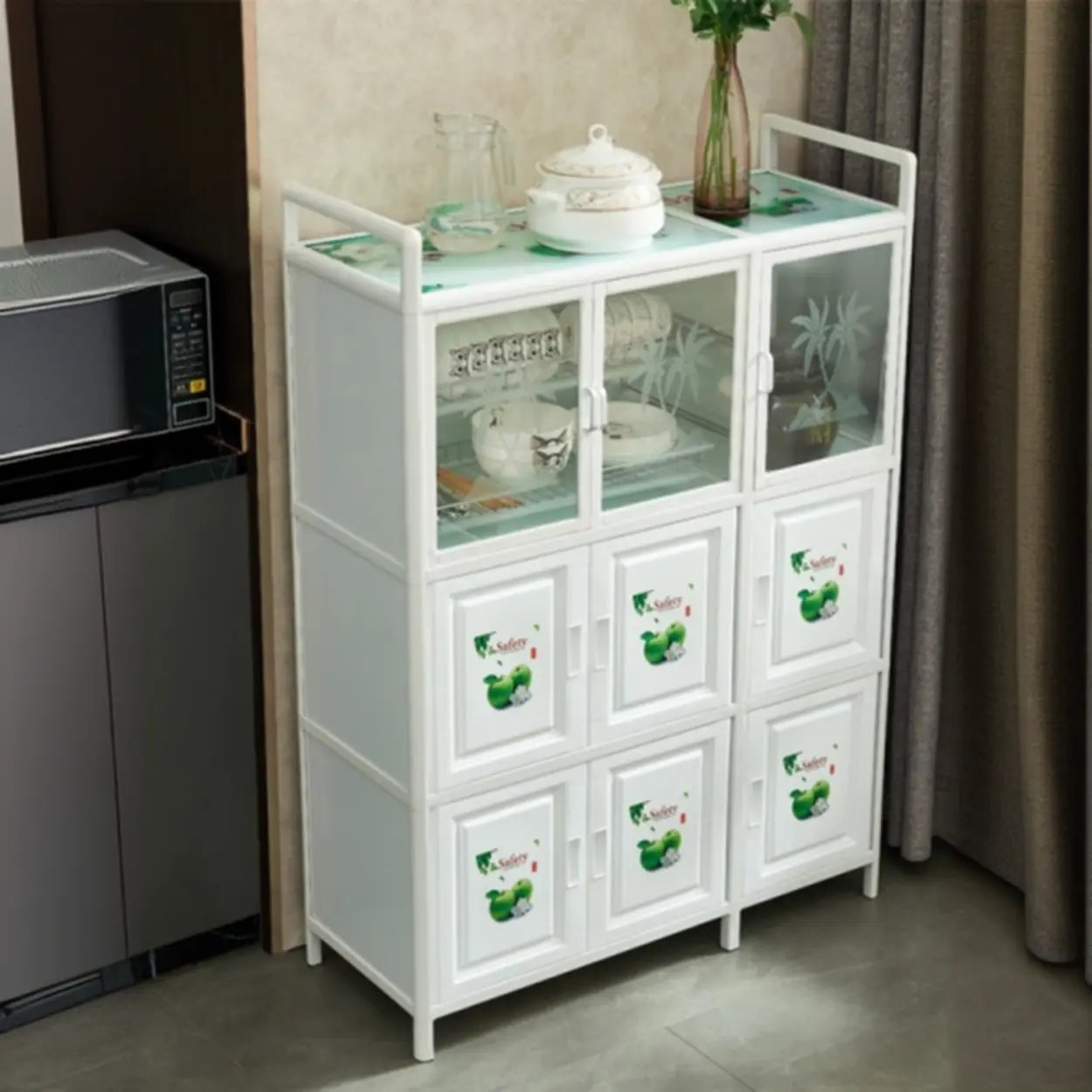 White Steel Rectangular Kitchen China Cabinet — White-Green