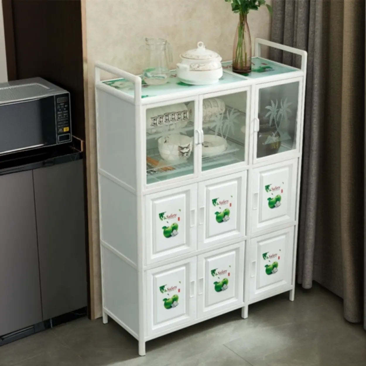 White Steel Rectangular Kitchen China Cabinet — White-Green