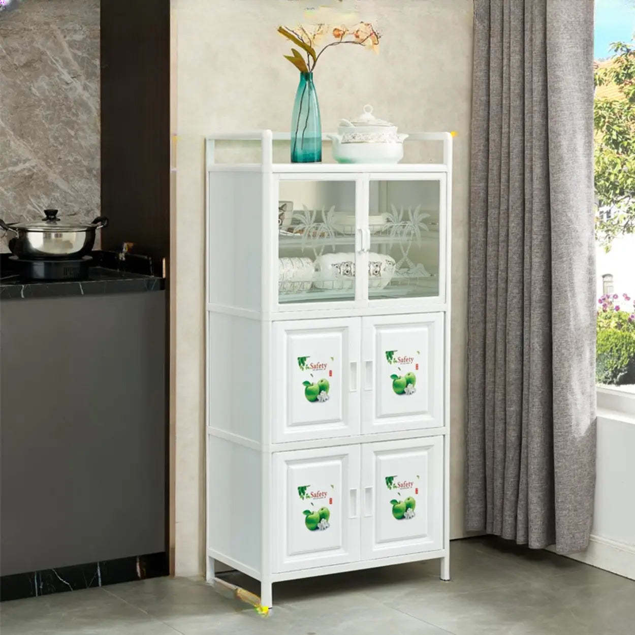 White Steel Rectangular Kitchen China Cabinet — Off-White