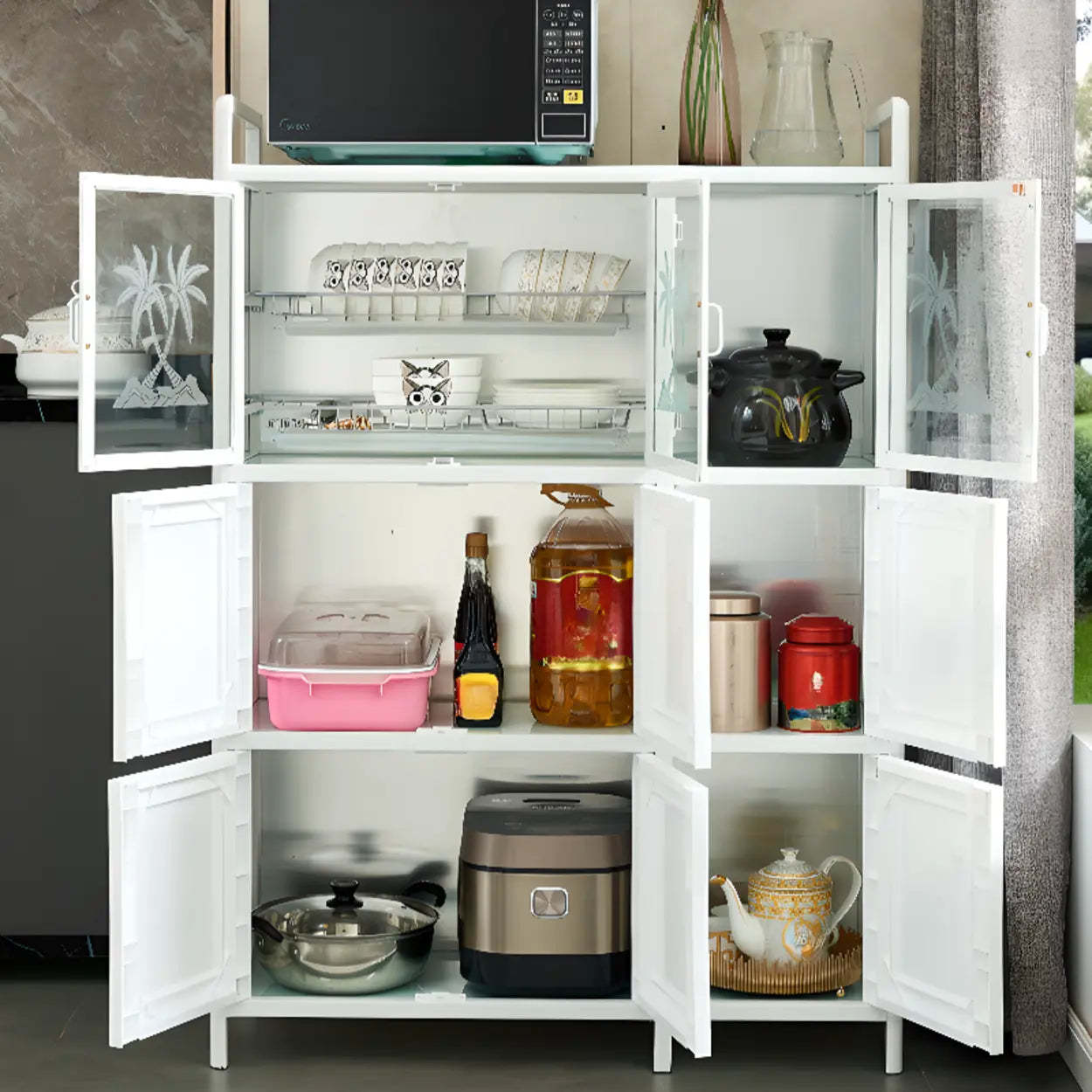 White Steel Rectangular Kitchen China Cabinet