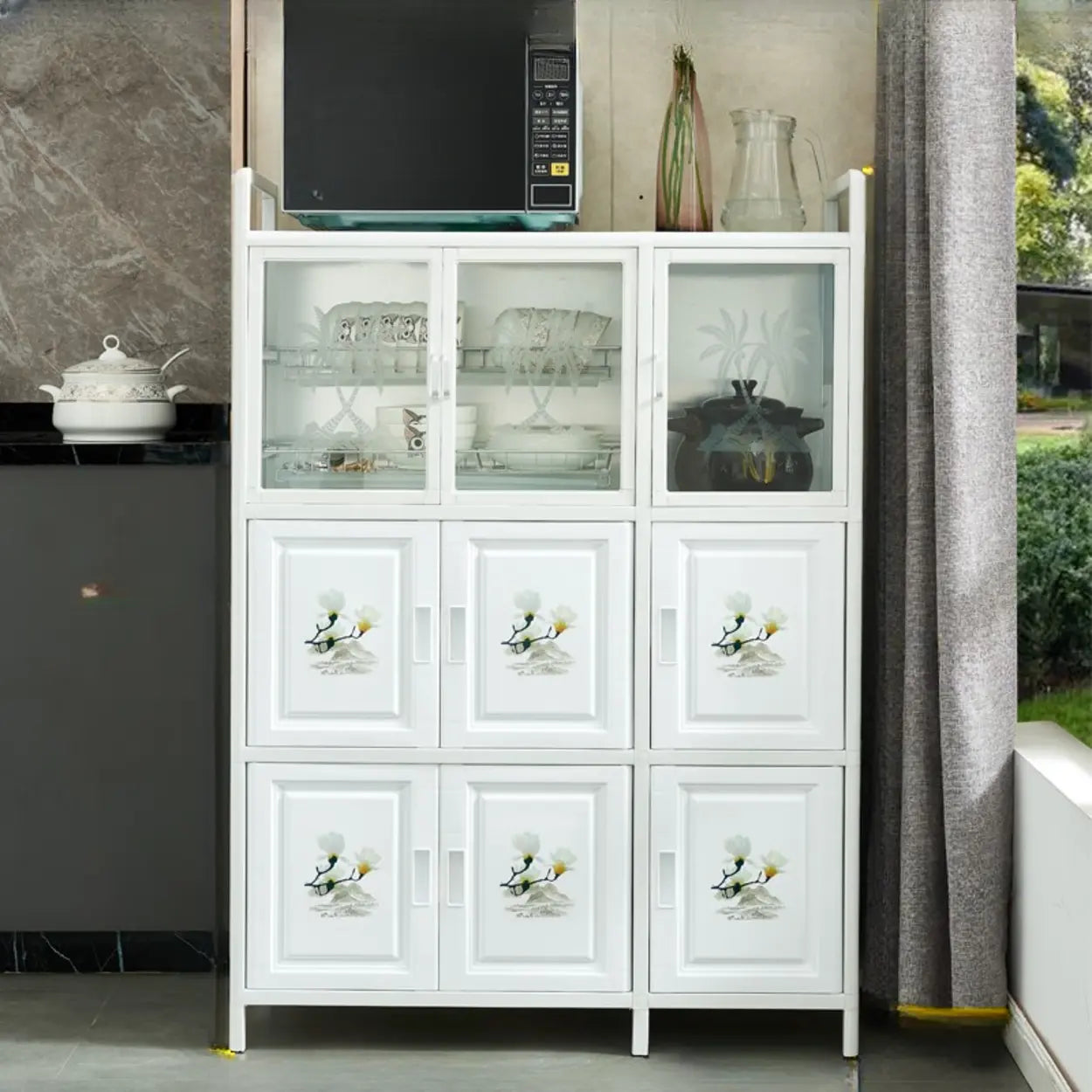 White Steel Rectangular Kitchen China Cabinet